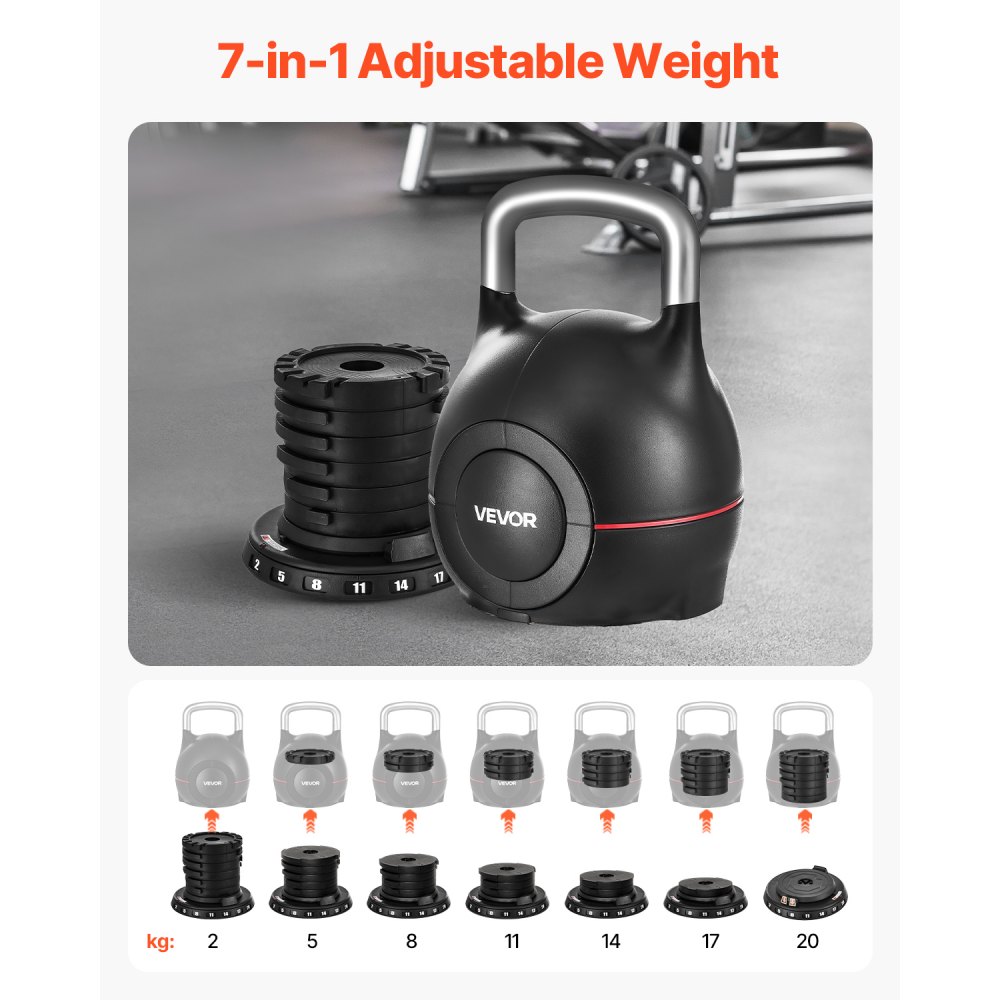 VEVOR Pesa Rusa Ajustable con 7 Niveles de Peso Incluido 2, 5, 8, 11, 14, 17, 20 kg, Pesa Rusa de Aluminio Fundido a Presión y Material ABS para Entrenamiento de Fuerza de Agarre, Color Negra