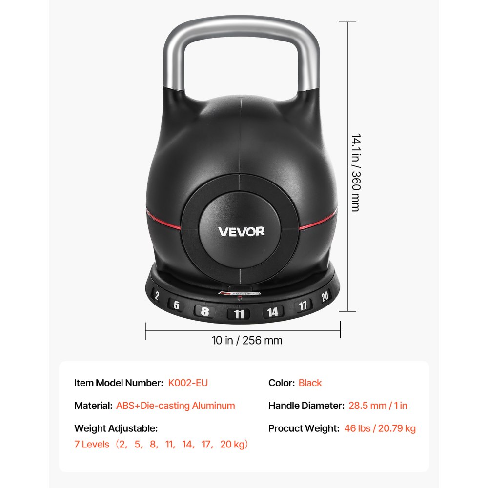 VEVOR Pesa Rusa Ajustable con 7 Niveles de Peso Incluido 2, 5, 8, 11, 14, 17, 20 kg, Pesa Rusa de Aluminio Fundido a Presión y Material ABS para Entrenamiento de Fuerza de Agarre, Color Negra