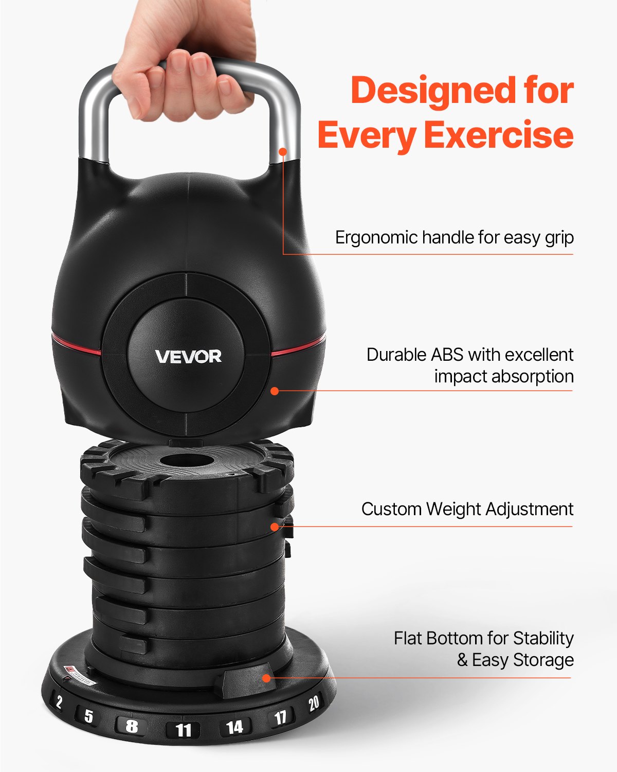VEVOR Pesa Rusa Ajustable con 7 Niveles de Peso Incluido 2, 5, 8, 11, 14, 17, 20 kg, Pesa Rusa de Aluminio Fundido a Presión y Material ABS para Entrenamiento de Fuerza de Agarre, Color Negra