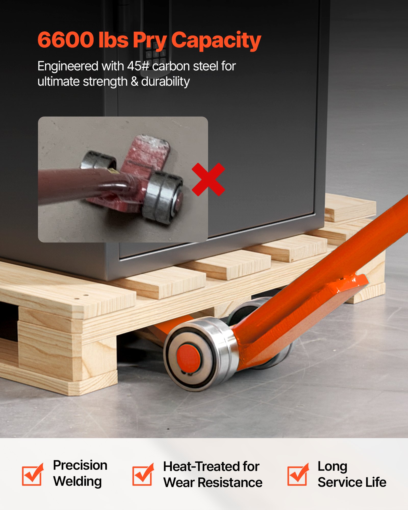 VEVOR Barra de Palanca de Acero al Carbono con Ruedas, Extractor de Palés 152,4 cm, Capacidad de Carga de 2994 kg, Herramienta de Desmontaje de Madera con Guantes para Desmontar Tablas de Extracción