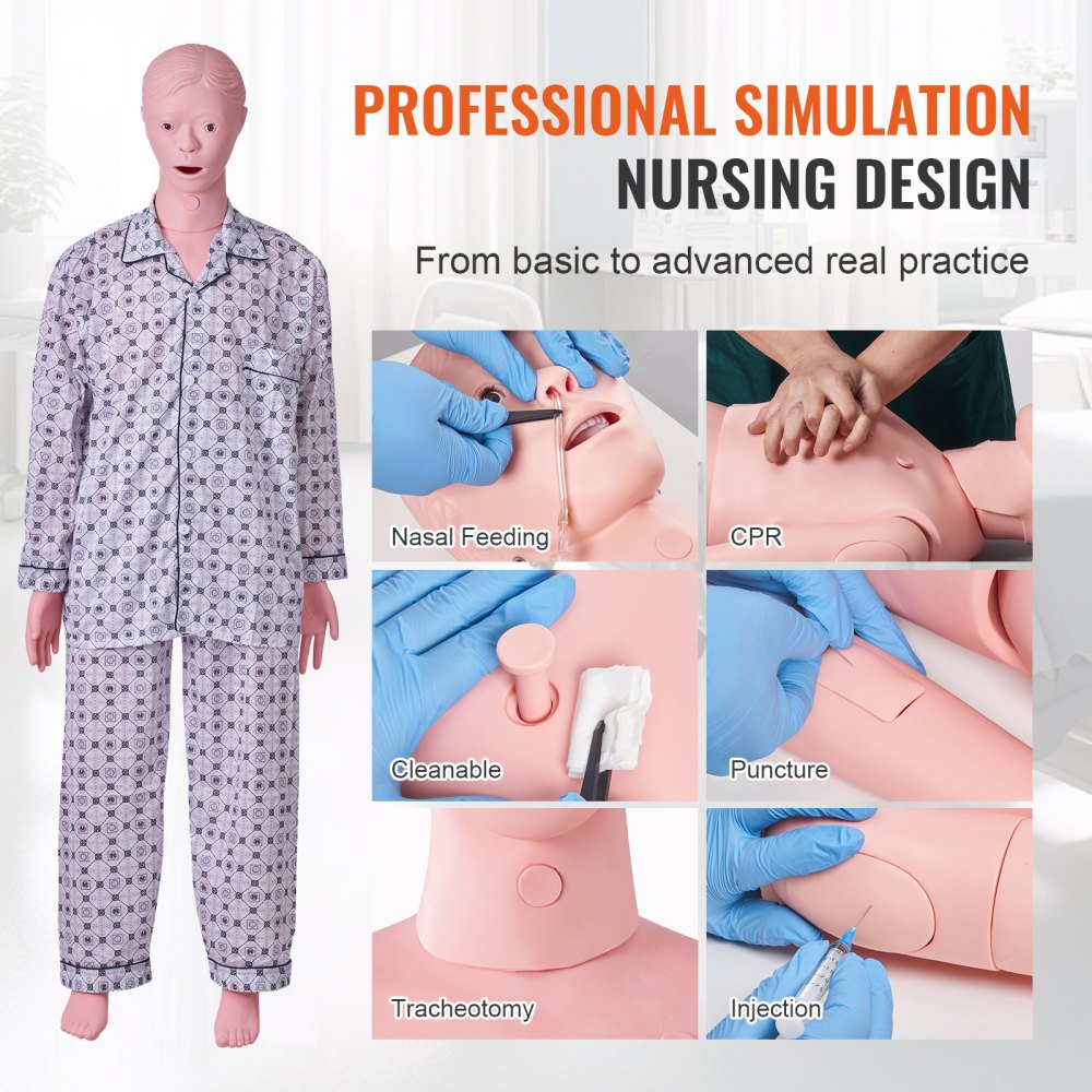 VEVOR Maniquí de Enfermería Masculino Maniquí de Cuidado del Paciente Alto de 153 cm PVC Maniquí de Entrenamiento de Enfermera Simulación Realista para Enseñanza Formación Médica de Hospital Instituto