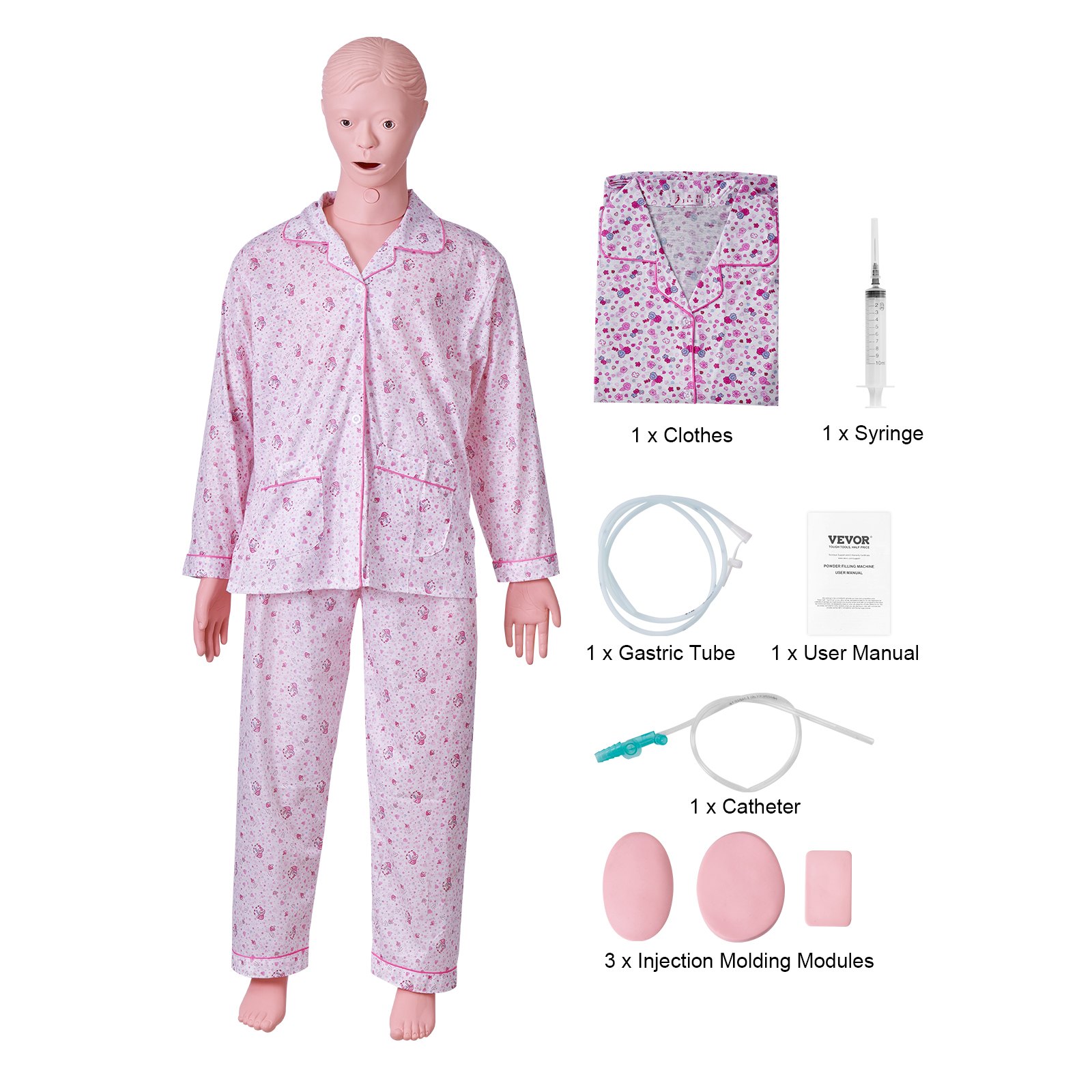VEVOR Female Nursing Training Mannequin Multifunctional Patient Care Simulator 1530 x 450 x 210 mm, Multifunctional Training Nursing Training Mannequin Uniform Scale Shapes Training Mannequin