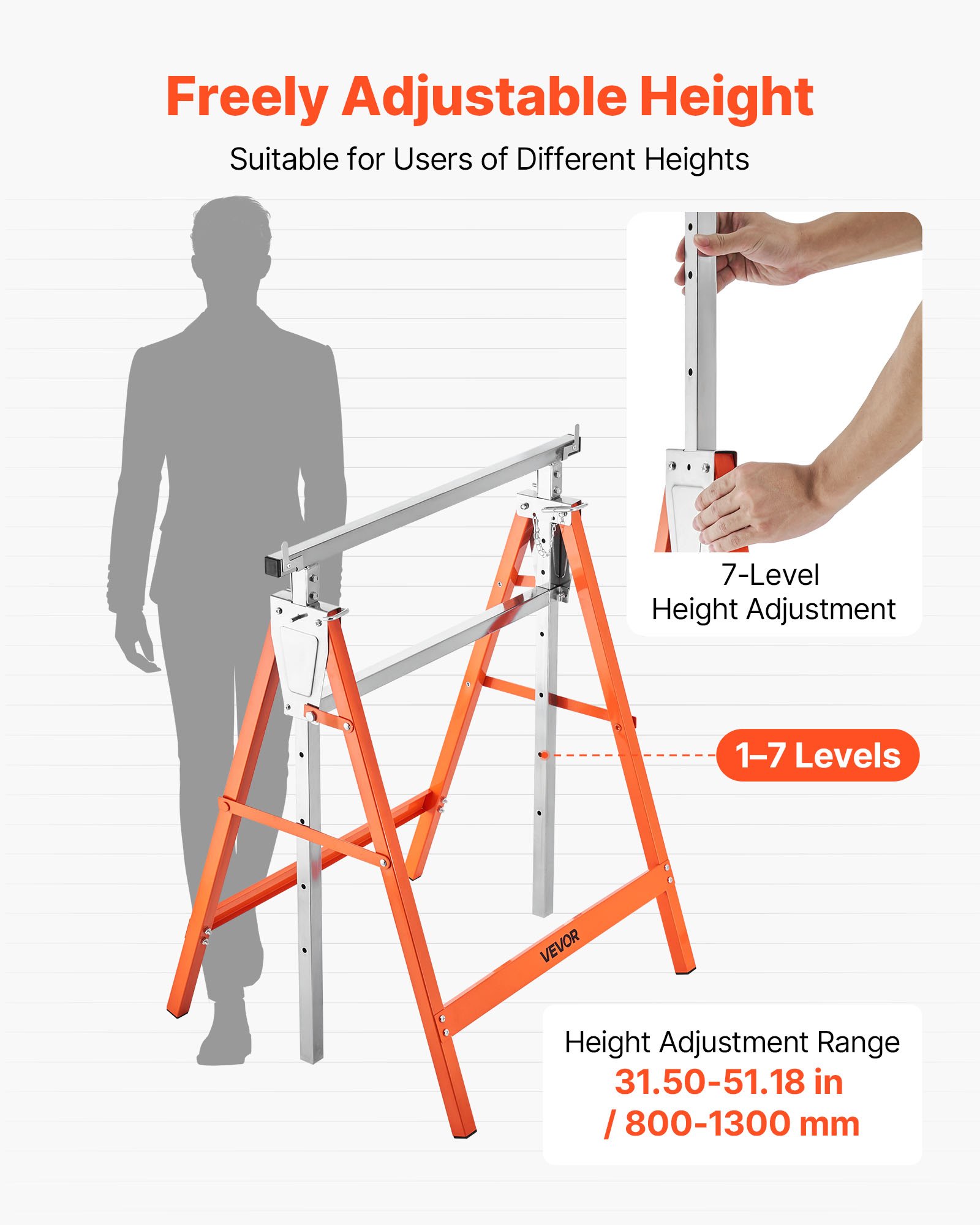 VEVOR Saw Horses, 2 Pack Folding Work Horses, 199.6 kg Load Capacity Sawhorse with Heavy Duty Legs, Adjustable Height Saw Horse with Non-Slip Foot Pads, for Woodworking, Carpenters and Contractors