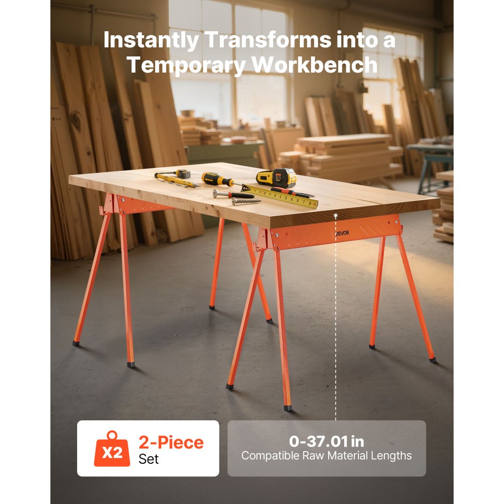 VEVOR Saw Horses, 2 Pack Folding Work Horses, 299.4 kg Load Capacity Sawhorse with Heavy Duty Legs, All-Metal Portable Saw Horse with Non-Slip Foot Pads, for Woodworking, Carpenters & Contractors