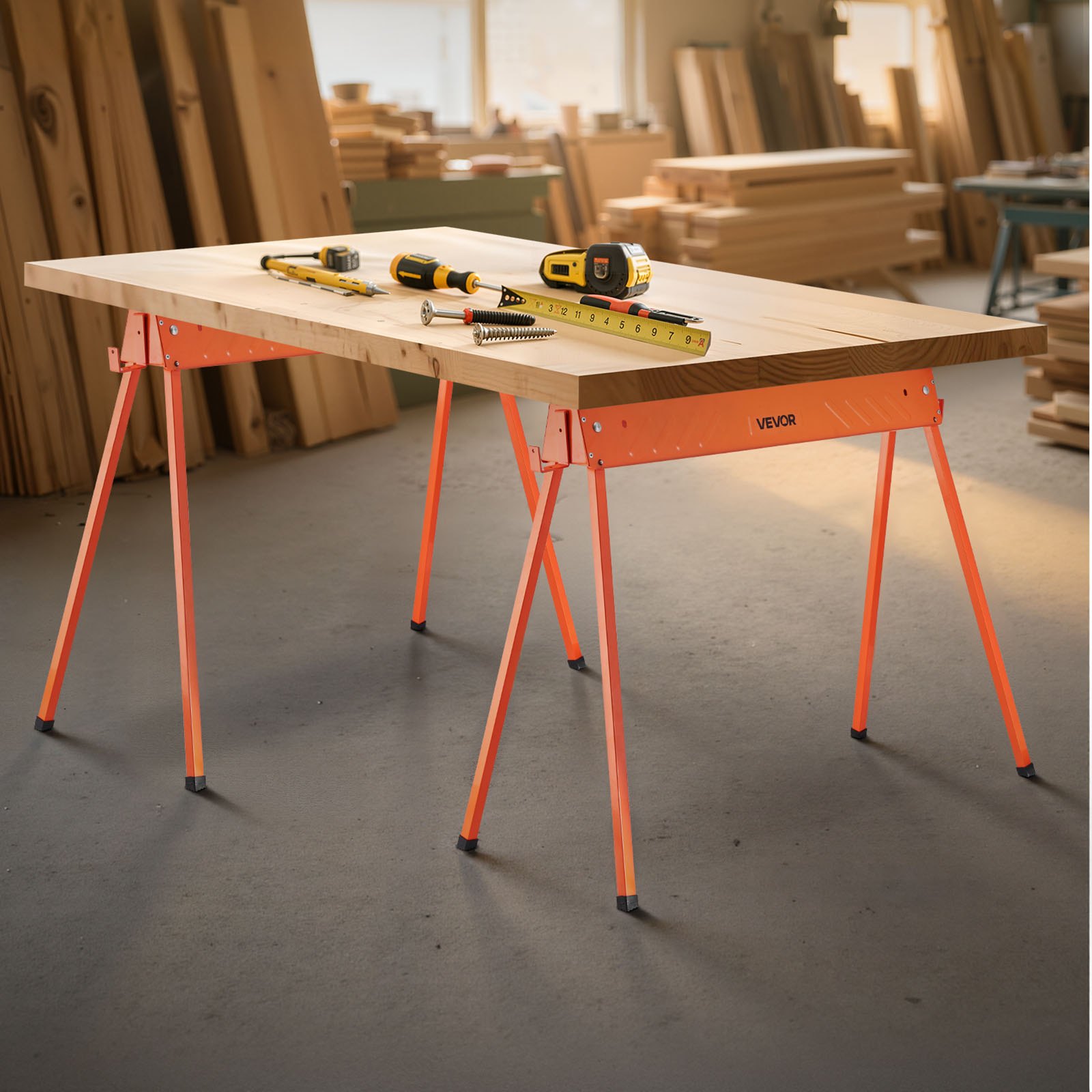 VEVOR Saw Horses, 2 Pack Folding Work Horses, 299.4 kg Load Capacity Sawhorse with Heavy Duty Legs, All-Metal Portable Saw Horse with Non-Slip Foot Pads, for Woodworking, Carpenters & Contractors