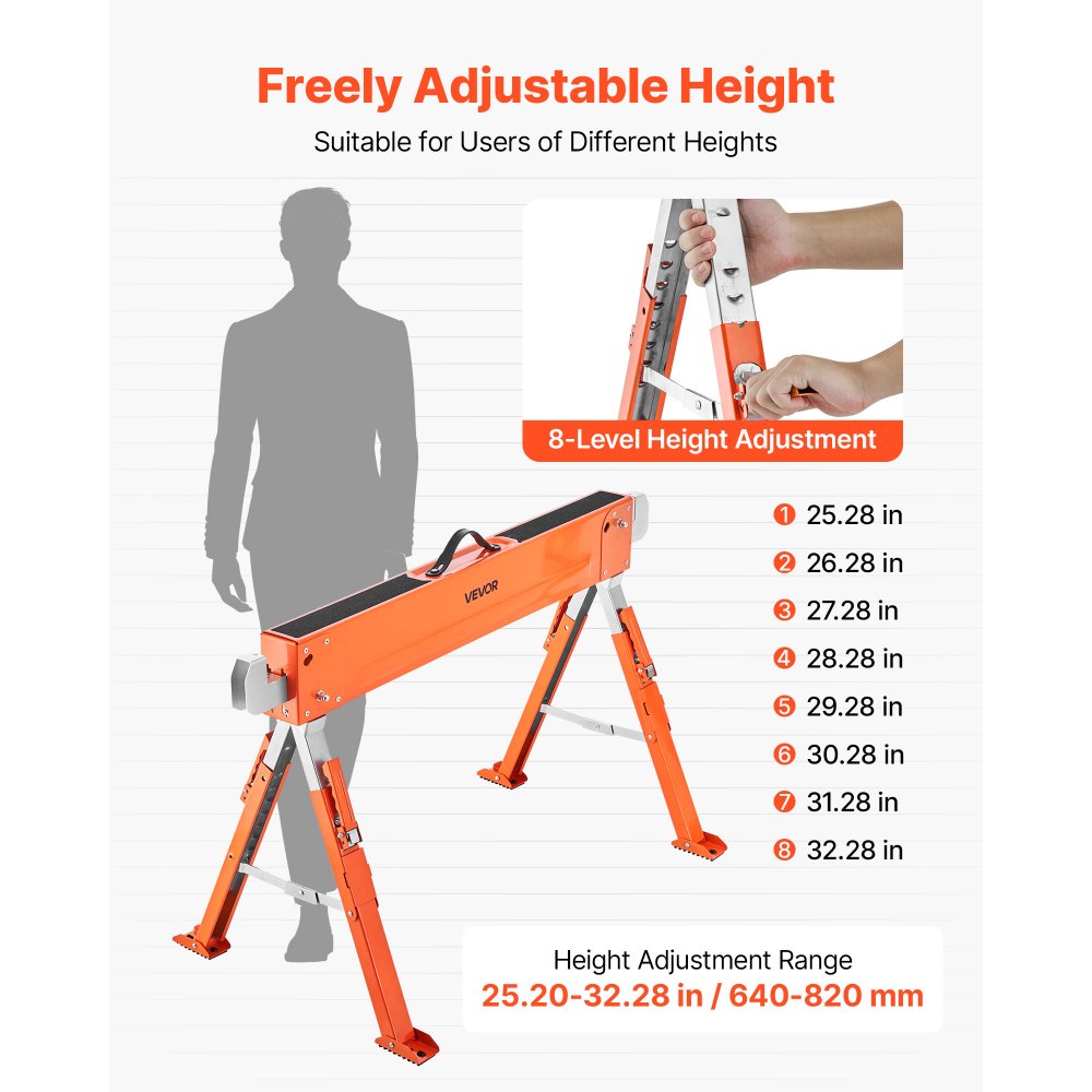 VEVOR Saw Horses, 2 Pack Folding Work Horses, 816.5 kg Load Capacity Sawhorse with Heavy Duty Legs, Adjustable Height Saw Horse with Non-Slip Foot Pads, for Woodworking, Carpenters and Contractors