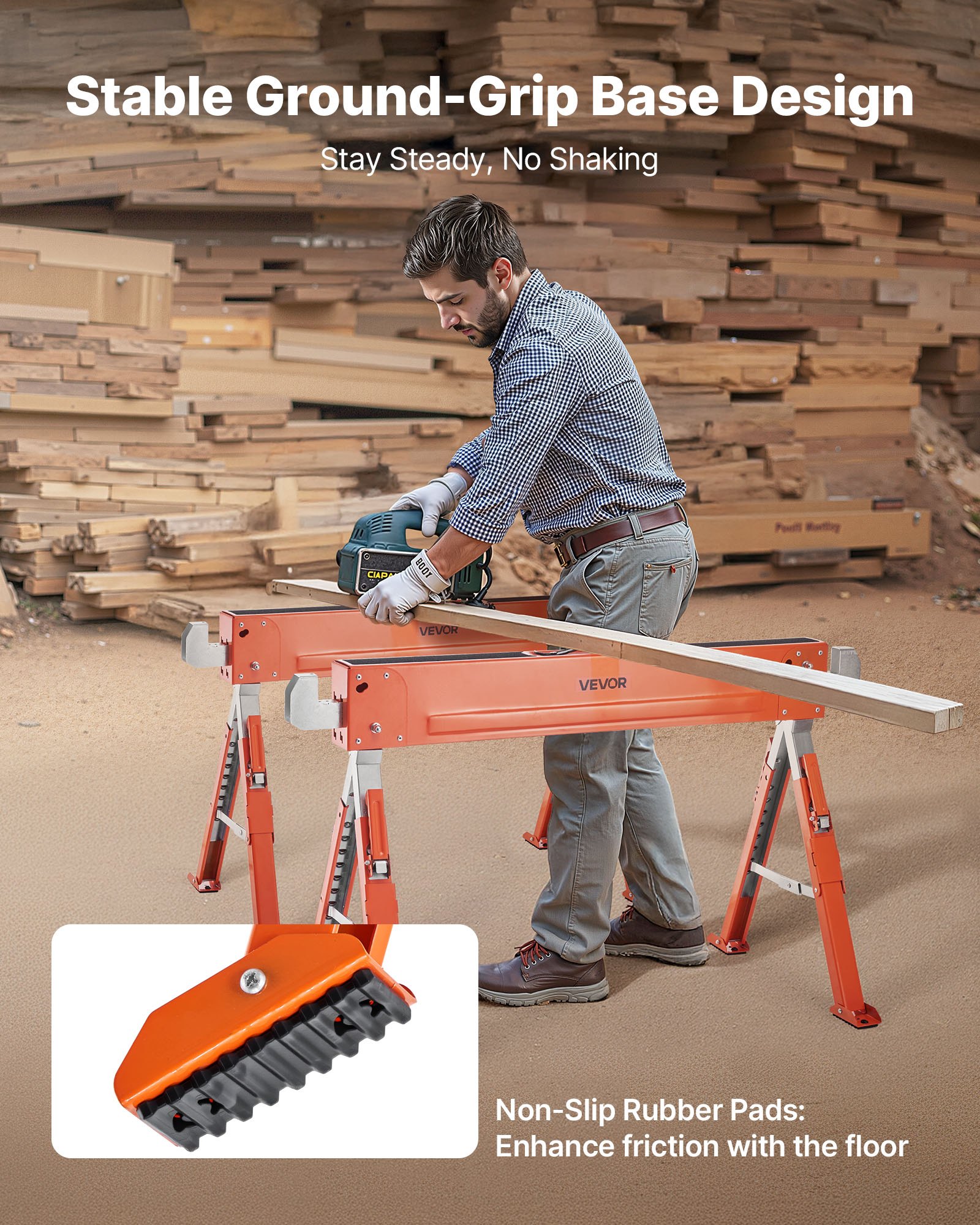 VEVOR Saw Horses, 2 Pack Folding Work Horses, 816.5 kg Load Capacity Sawhorse with Heavy Duty Legs, Adjustable Height Saw Horse with Non-Slip Foot Pads, for Woodworking, Carpenters and Contractors