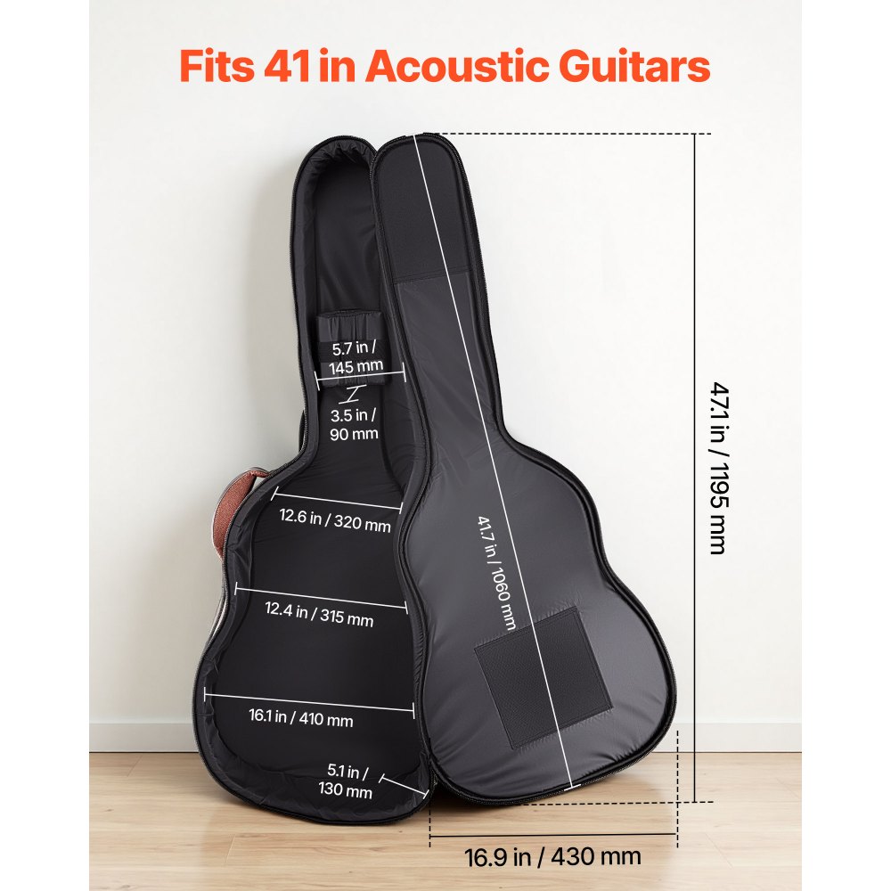 VEVOR Funda para Guitarra Acústica de 41 pulgadas 104,1 cm Marrón con Asa, Con Acolchado de Espuma, Compartimento Externo para Accesorios y Correas para Hombro, Funda de Cuero Sintético de 119,5 cm