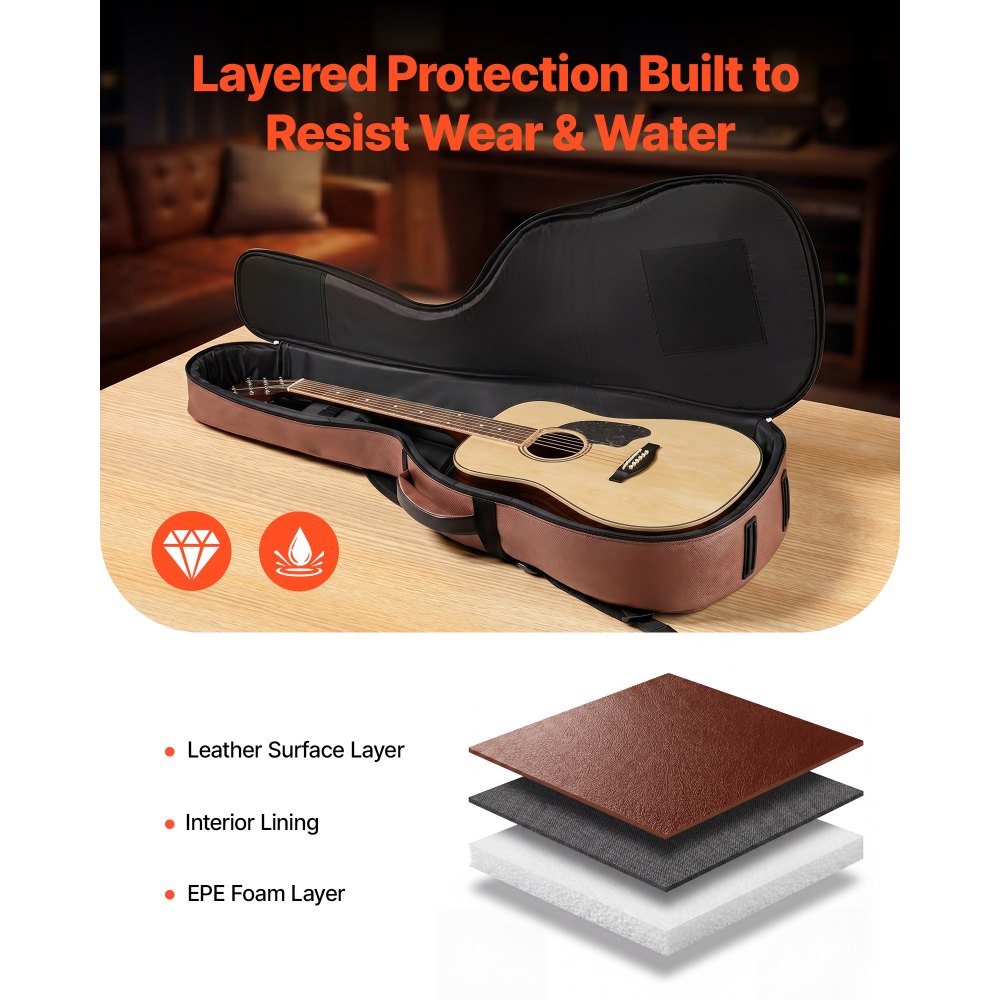 VEVOR Funda para Guitarra Acústica de 41 pulgadas 104,1 cm Marrón con Asa, Con Acolchado de Espuma, Compartimento Externo para Accesorios y Correas para Hombro, Funda de Cuero Sintético de 119,5 cm