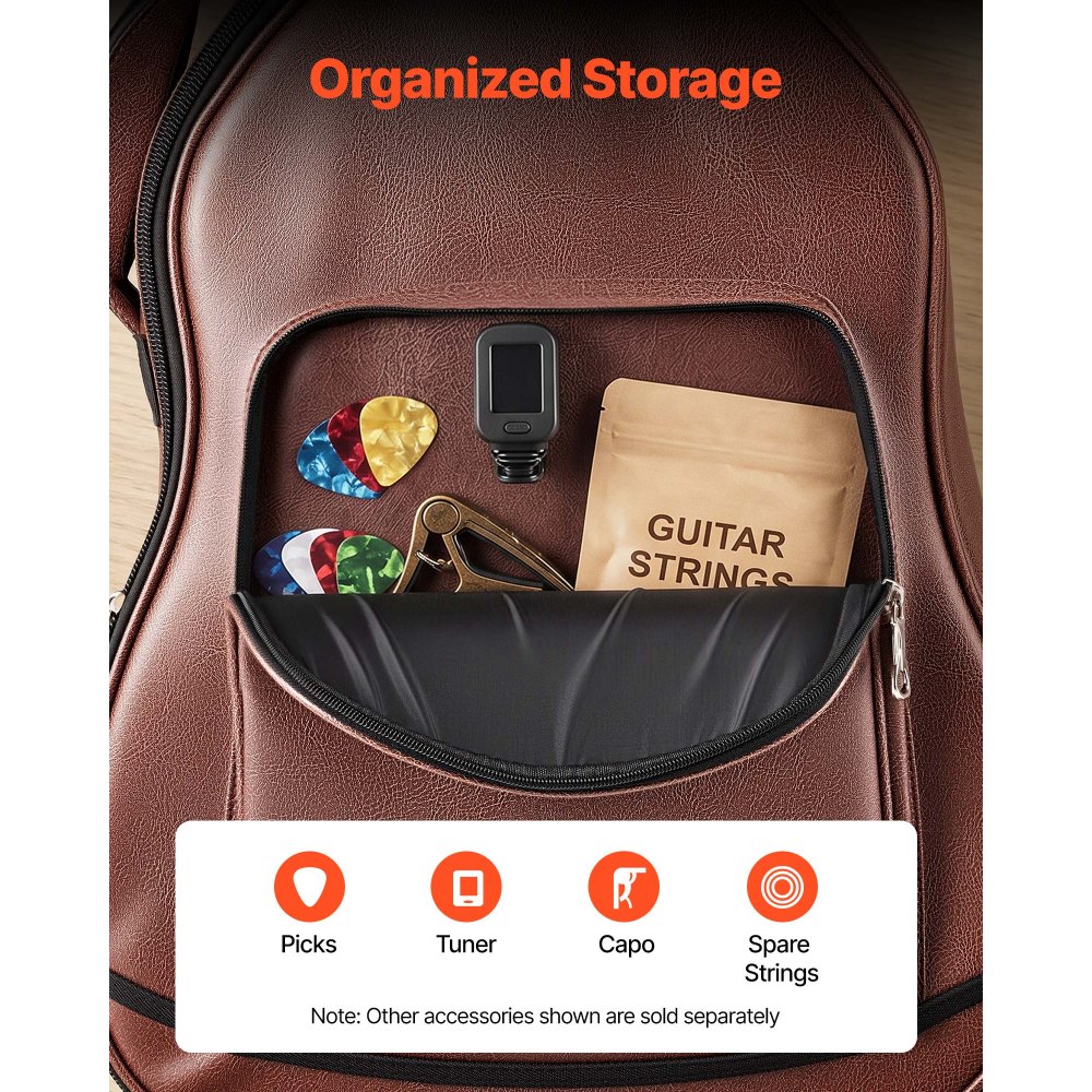 VEVOR Funda para Guitarra Acústica de 41 pulgadas 104,1 cm Marrón con Asa, Con Acolchado de Espuma, Compartimento Externo para Accesorios y Correas para Hombro, Funda de Cuero Sintético de 119,5 cm