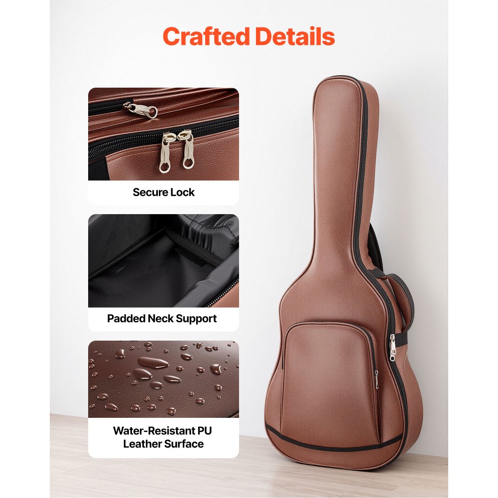VEVOR Funda para Guitarra Acústica de 41 pulgadas 104,1 cm Marrón con Asa, Con Acolchado de Espuma, Compartimento Externo para Accesorios y Correas para Hombro, Funda de Cuero Sintético de 119,5 cm