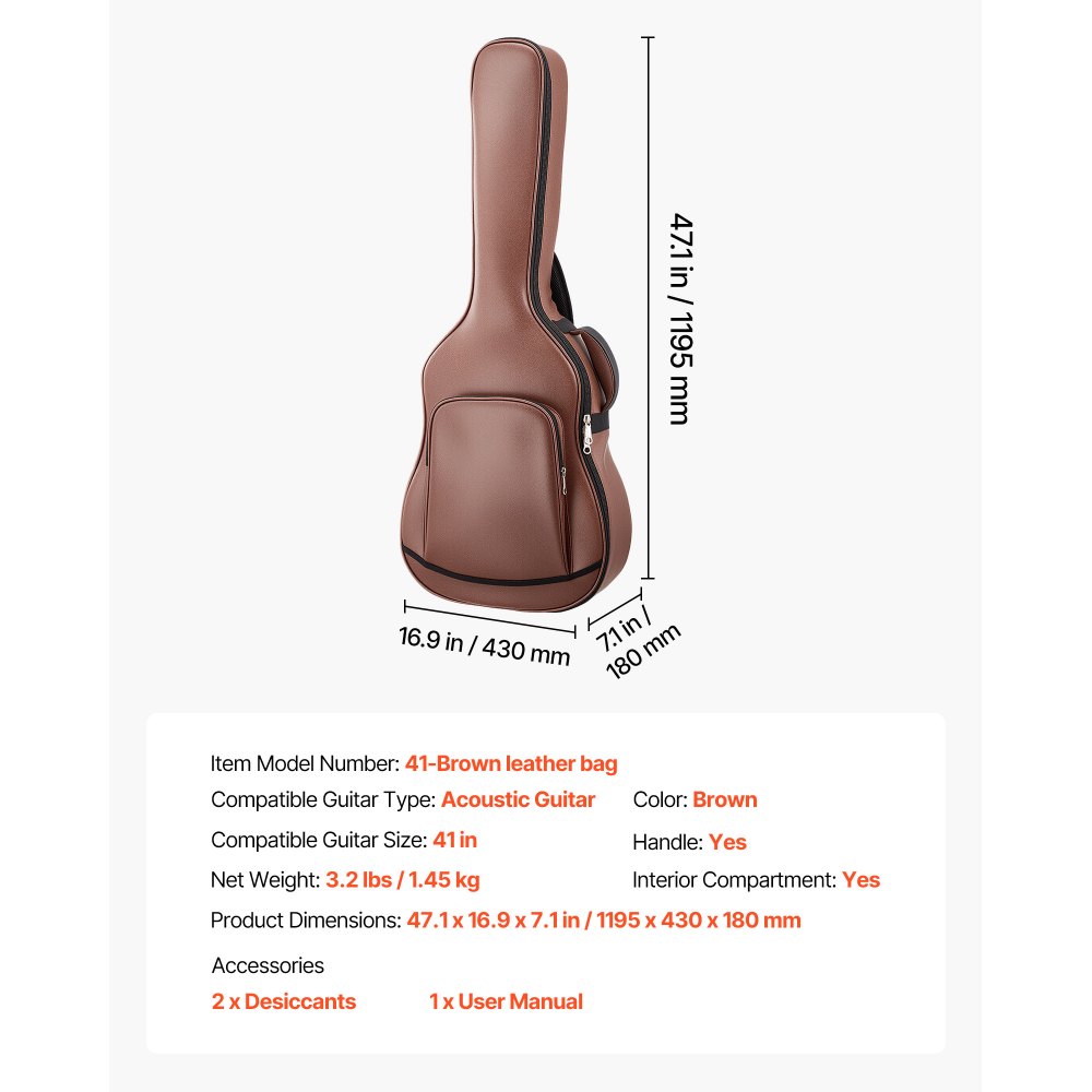VEVOR Funda para Guitarra Acústica de 41 pulgadas 104,1 cm Marrón con Asa, Con Acolchado de Espuma, Compartimento Externo para Accesorios y Correas para Hombro, Funda de Cuero Sintético de 119,5 cm