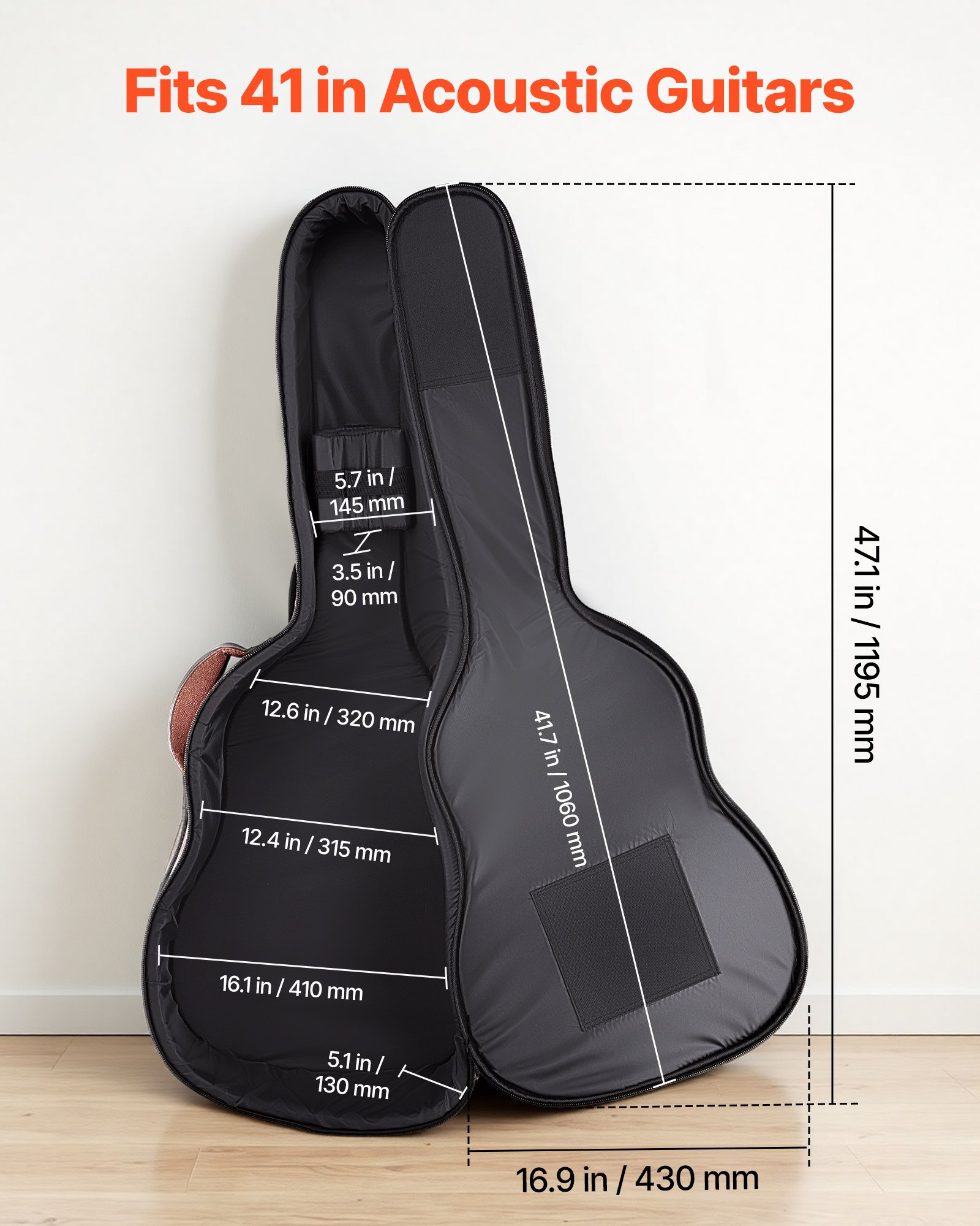 VEVOR Funda para Guitarra Acústica de 41 pulgadas 104,1 cm Marrón con Asa, Con Acolchado de Espuma, Compartimento Externo para Accesorios y Correas para Hombro, Funda de Cuero Sintético de 119,5 cm