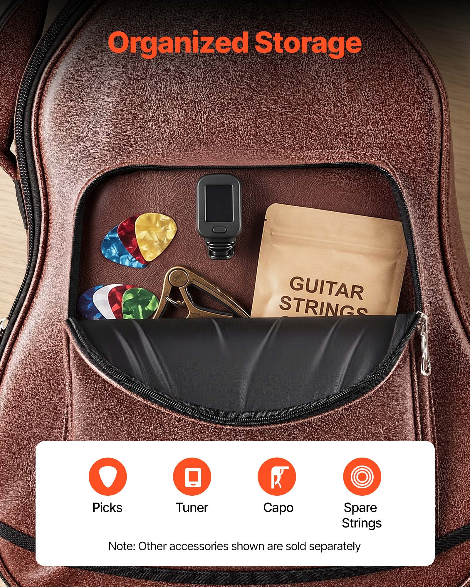 VEVOR Funda para Guitarra Acústica de 41 pulgadas 104,1 cm Marrón con Asa, Con Acolchado de Espuma, Compartimento Externo para Accesorios y Correas para Hombro, Funda de Cuero Sintético de 119,5 cm