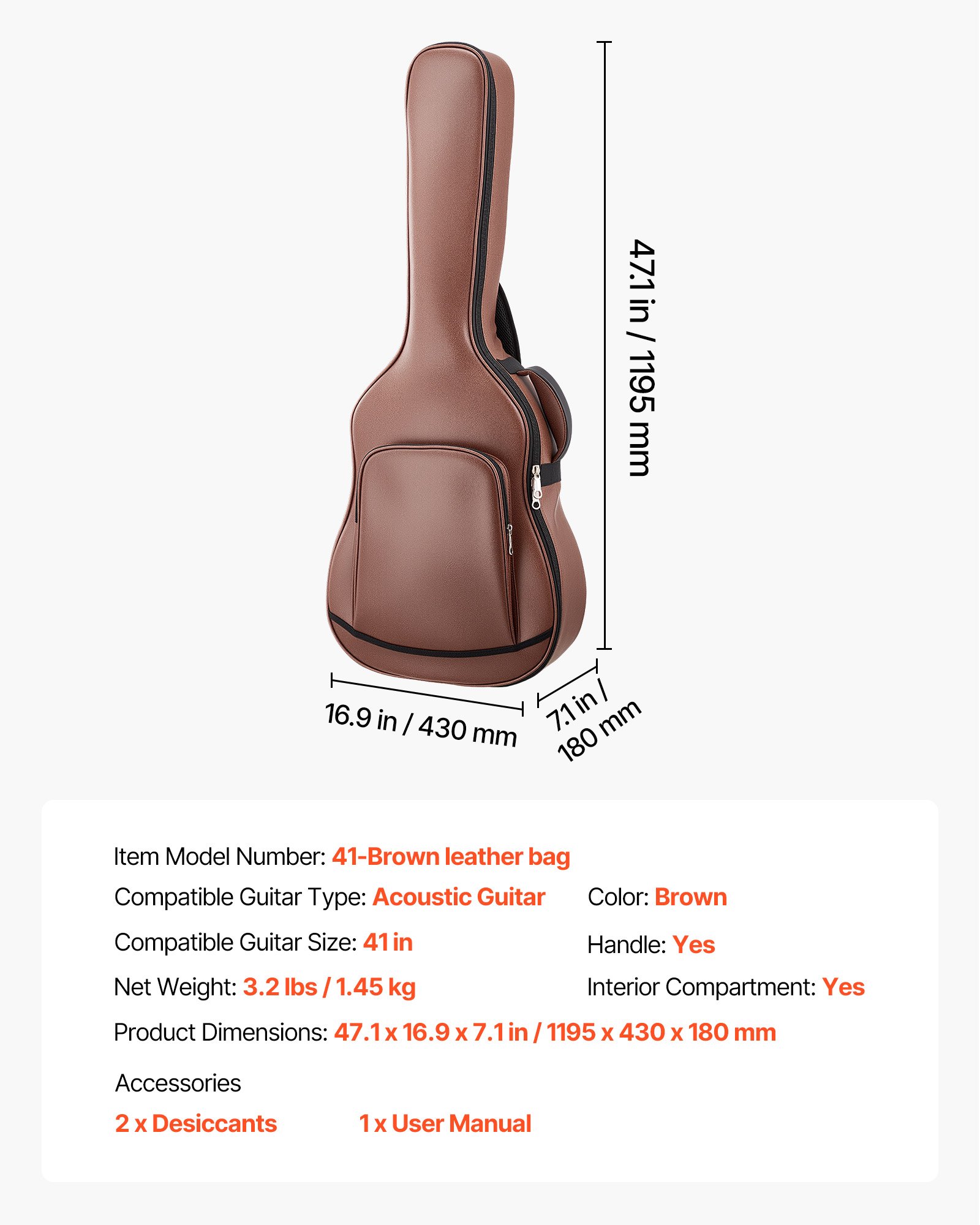 VEVOR Funda para Guitarra Acústica de 41 pulgadas 104,1 cm Marrón con Asa, Con Acolchado de Espuma, Compartimento Externo para Accesorios y Correas para Hombro, Funda de Cuero Sintético de 119,5 cm