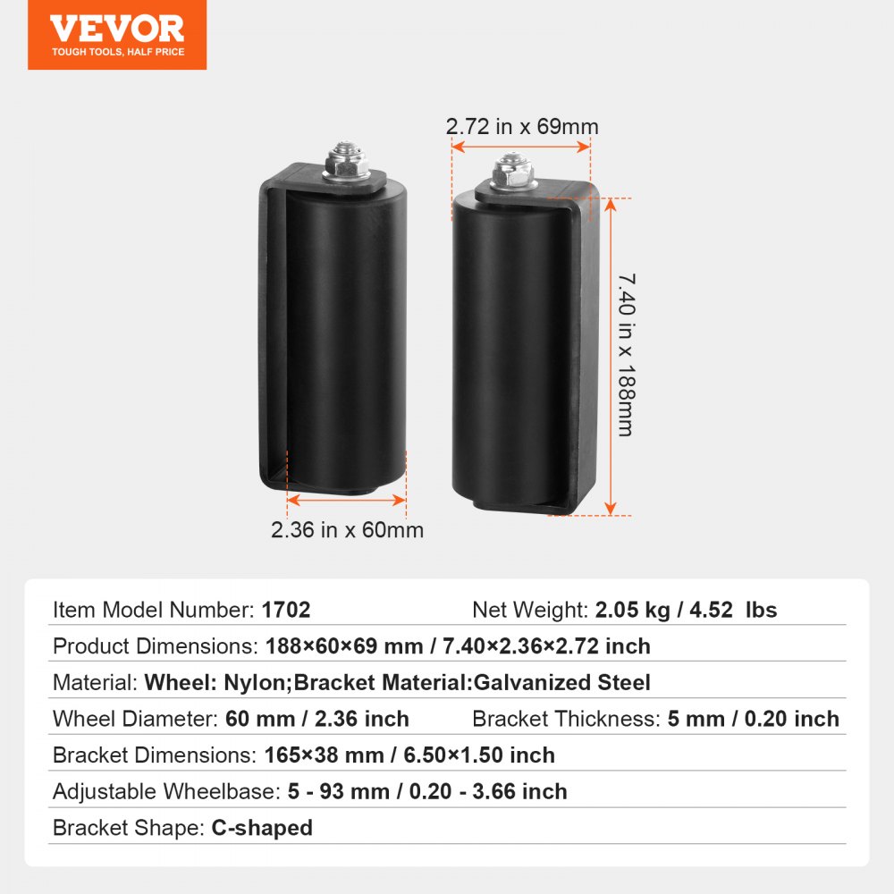 VEVOR Kit de Puerta Corrediza Enrollable, Soporte Tipo C, Rodillos Resistentes a Puertas Corredizas para Rieles de Conexión, Rodillo Guía para Puertas Corredizas y Enrollables, Negro, 188 x 60 x 69 mm