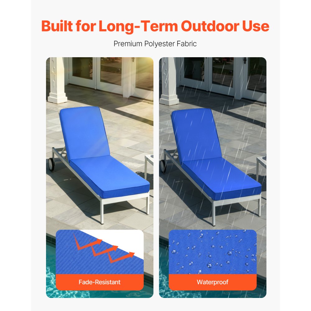 VEVOR Chaise Lounge Cushion, 183 x 53.3 x 7.5 cm , Outdoor Lounge Chair Cushions, Waterproof & Fade-Resistant, Sun Lounger Replacement Cushions with Ties, Patio Lounger Pads for Pool Deck Lawn, Blue
