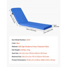 VEVOR Cojín para Tumbona, 1830 x 533 x 75 mm, Cojín para Silla de Jardín Resistente al Agua y a la Decoloración, Cojines de Repuesto para Tumbonas con Lazos para Exterior, Terraza, Patio, Azul