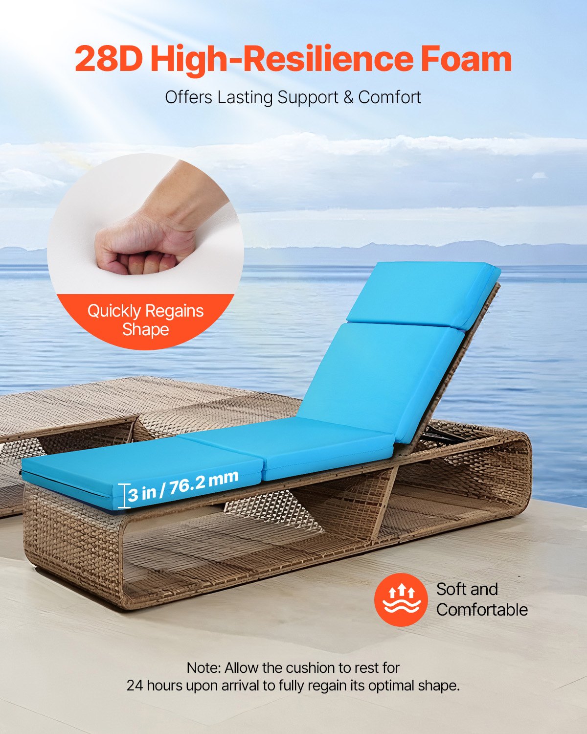 VEVOR Chaise Lounge Cushion, 183x53.3x9.8 cm, Set of 2 Outdoor Lounge Chair Cushions, Waterproof & Fade-Resistant, Sun Lounger Cushions with Ties, Thick Patio Lounger Pads for Pool Deck, Teal Color