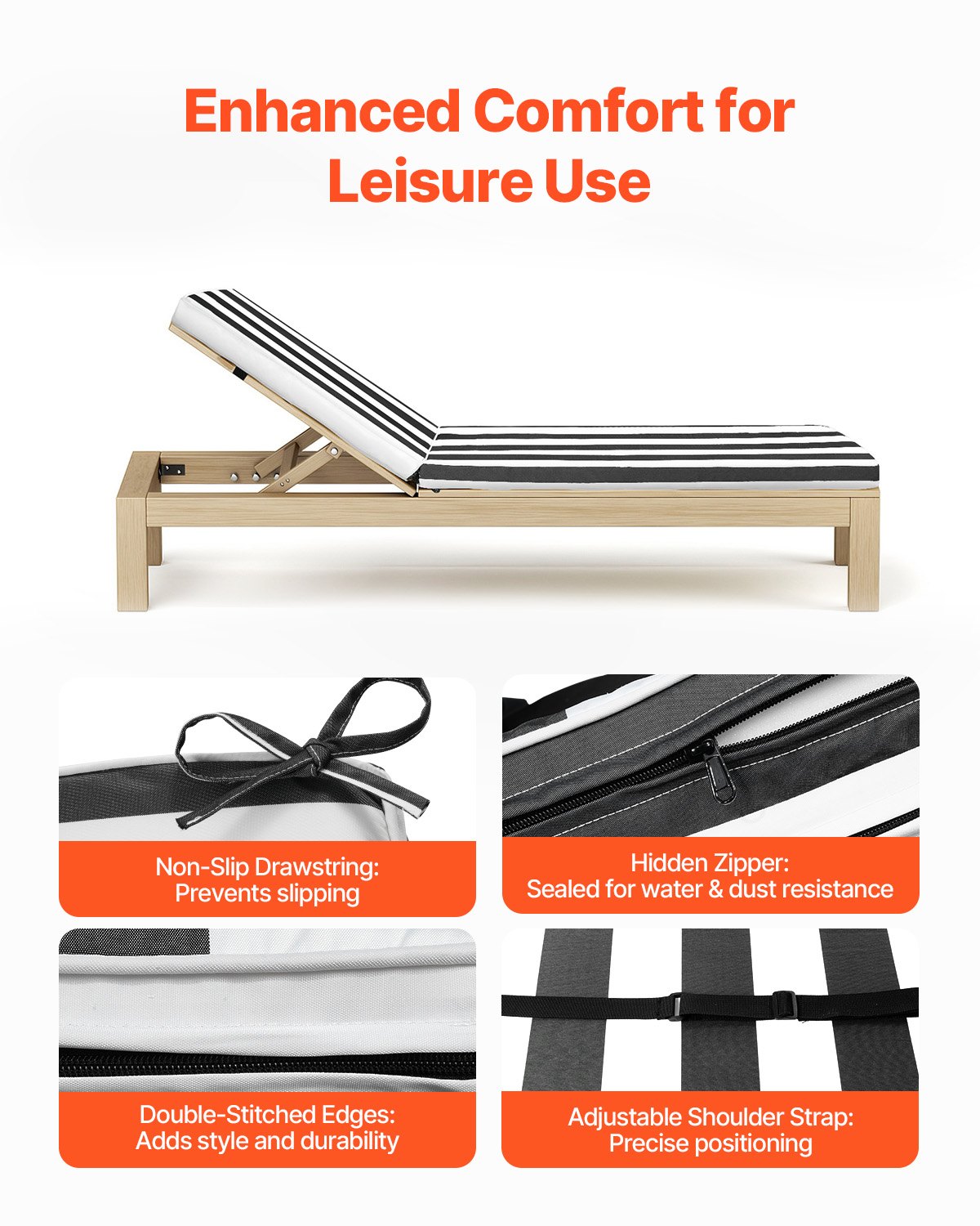 VEVOR Chaise Lounge Cushion, 89x56x71 cm, Set of 2 Outdoor Lounge Chair Cushions, Waterproof & Fade-Resistant Sun Lounger Cushions with Ties, Patio Lounger Pads for Pool Deck, Black & White Stripes