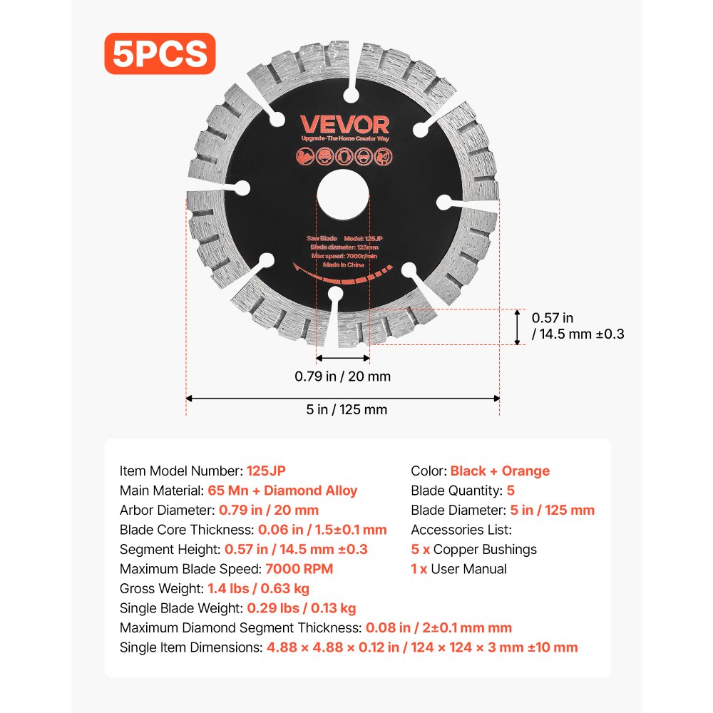 VEVOR Disco de Corte de Diamante 125 mm, Juego de 5 Piezas, Disco para Rozadora de Pared con Eje 20 mm, Segmentos 2 mm, Núcleo de acero 65Mn para Hormigón Ladrillo Mampostería Cableado y Tuberías