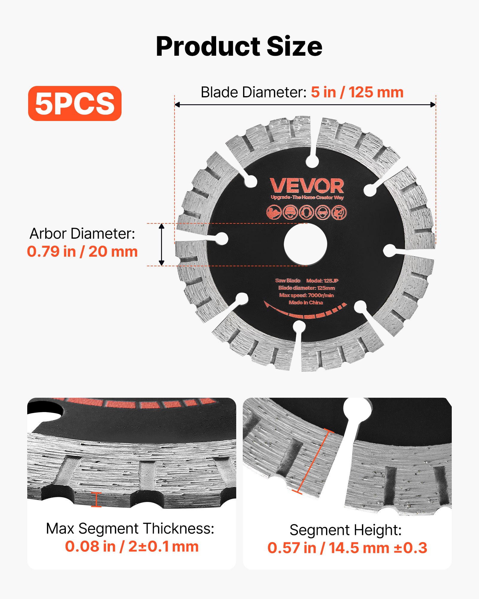 VEVOR Disco de Corte de Diamante 125 mm, Juego de 5 Piezas, Disco para Rozadora de Pared con Eje 20 mm, Segmentos 2 mm, Núcleo de acero 65Mn para Hormigón Ladrillo Mampostería Cableado y Tuberías