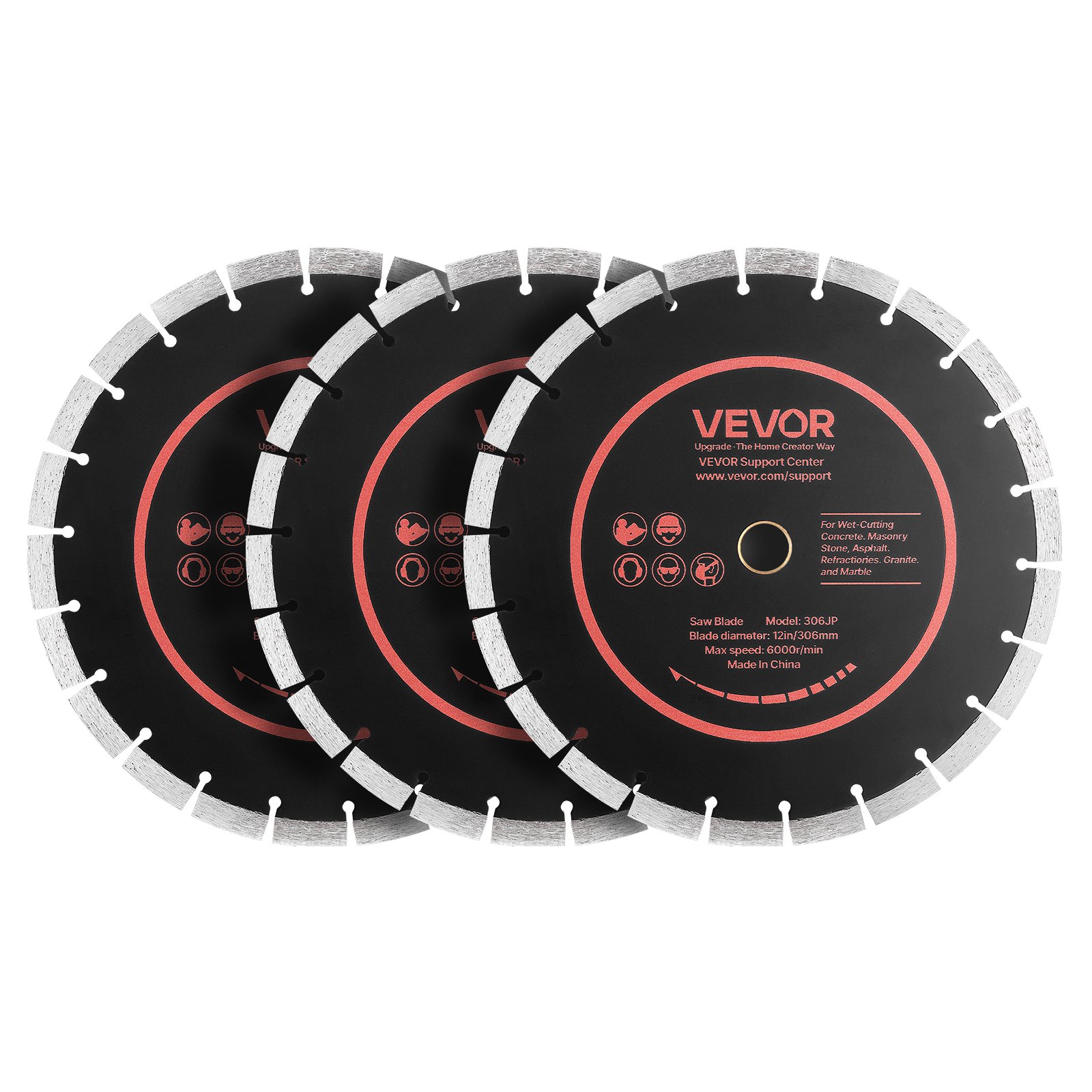 VEVOR Disco de Corte de Diamante 306 mm, Juego de 3 Piezas, Disco para Rozadora de Pared con Segmentos 2 mm, Eje 25,4 mm, Núcleo de acero 65Mn para Ladrillo Hormigón Mampostería Cableado y Tuberías