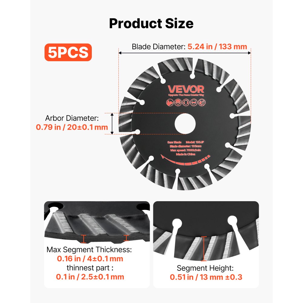 VEVOR Disco de Corte de Diamante 133 mm, Juego de 5 Piezas, Disco para Rozadora de Pared con Segmentos 2 mm, Eje 20 mm, Núcleo de acero 65Mn para Ladrillo Hormigón Tuberías Mampostería y Cableado