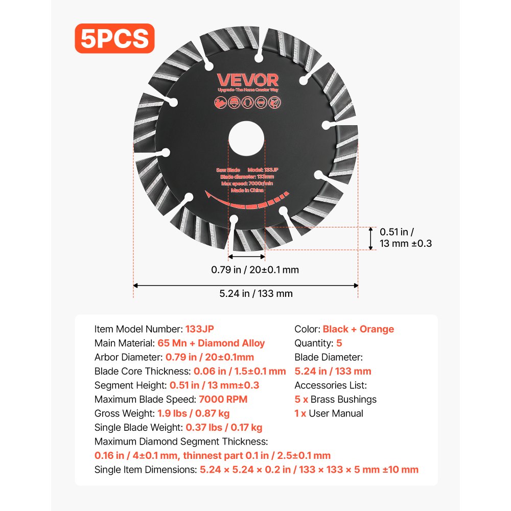 VEVOR Disco de Corte de Diamante 133 mm, Juego de 5 Piezas, Disco para Rozadora de Pared con Segmentos 2 mm, Eje 20 mm, Núcleo de acero 65Mn para Ladrillo Hormigón Tuberías Mampostería y Cableado