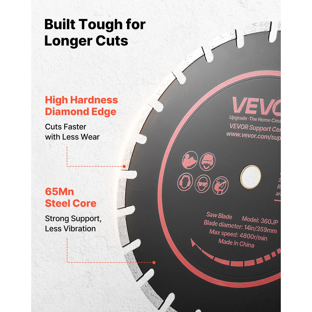 VEVOR Disco de Corte de Diamante 359 mm, Juego de 3 Piezas, Disco para Rozadora de Pared con Segmentos 2 mm, Eje 25,4 mm, Núcleo de acero 65Mn para Ladrillo Mampostería Hormigón Tuberías y Cableado