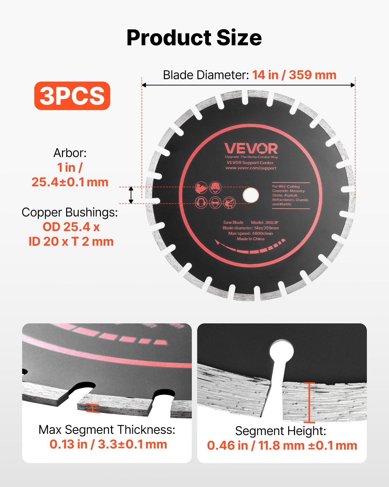 VEVOR Disco de Corte de Diamante 359 mm, Juego de 3 Piezas, Disco para Rozadora de Pared con Segmentos 2 mm, Eje 25,4 mm, Núcleo de acero 65Mn para Ladrillo Mampostería Hormigón Tuberías y Cableado