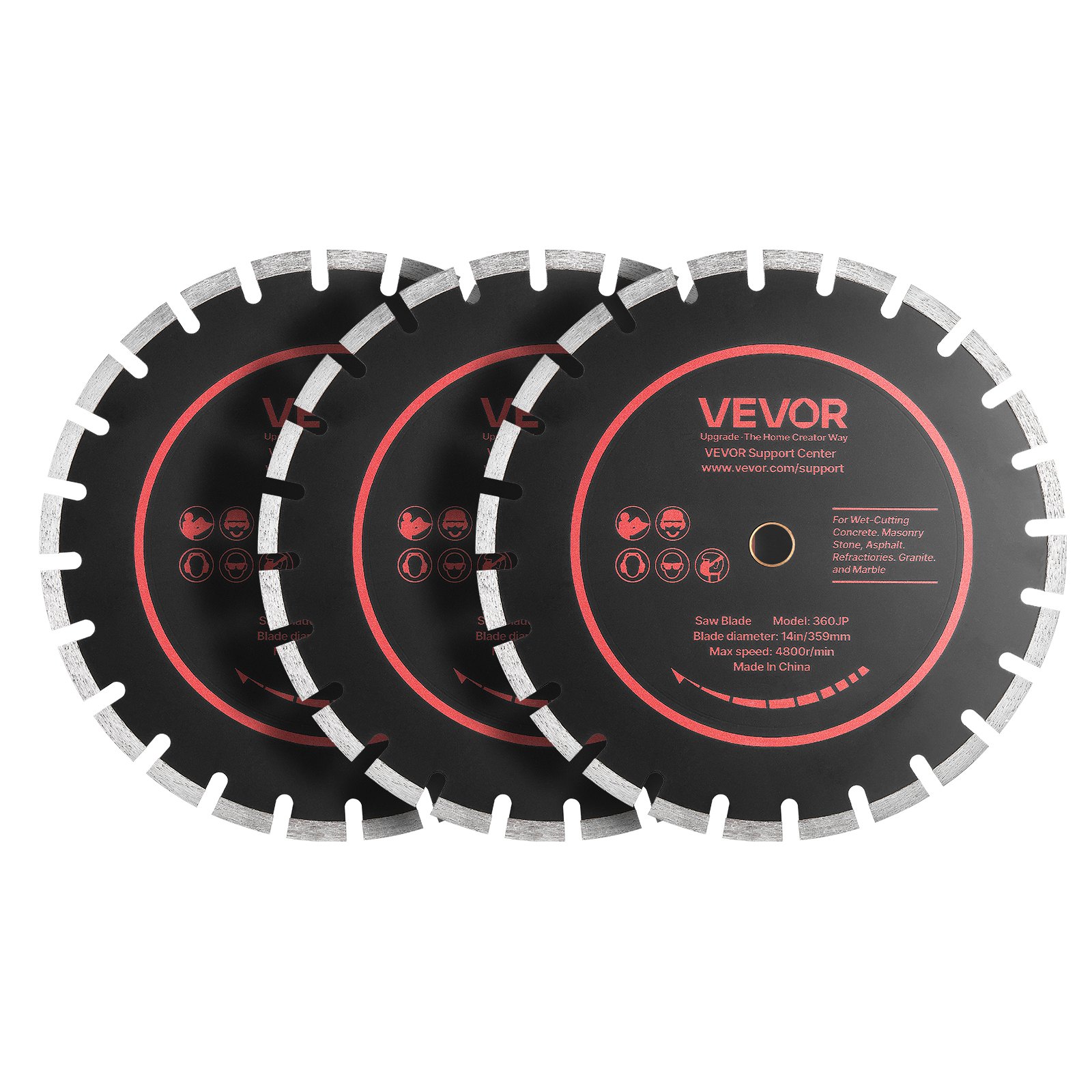 VEVOR Disco de Corte de Diamante 359 mm, Juego de 3 Piezas, Disco para Rozadora de Pared con Segmentos 2 mm, Eje 25,4 mm, Núcleo de acero 65Mn para Ladrillo Mampostería Hormigón Tuberías y Cableado