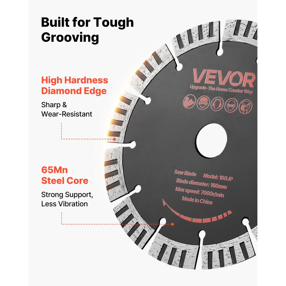 VEVOR Disco de Corte de Diamante 160 mm, Juego de 5 Piezas, Disco para Rozadora de Pared con Segmentos 2 mm, Eje 22,2 mm para Ladrillo Cableado Mampostería Tuberías y Hormigón, Núcleo de acero 65Mn