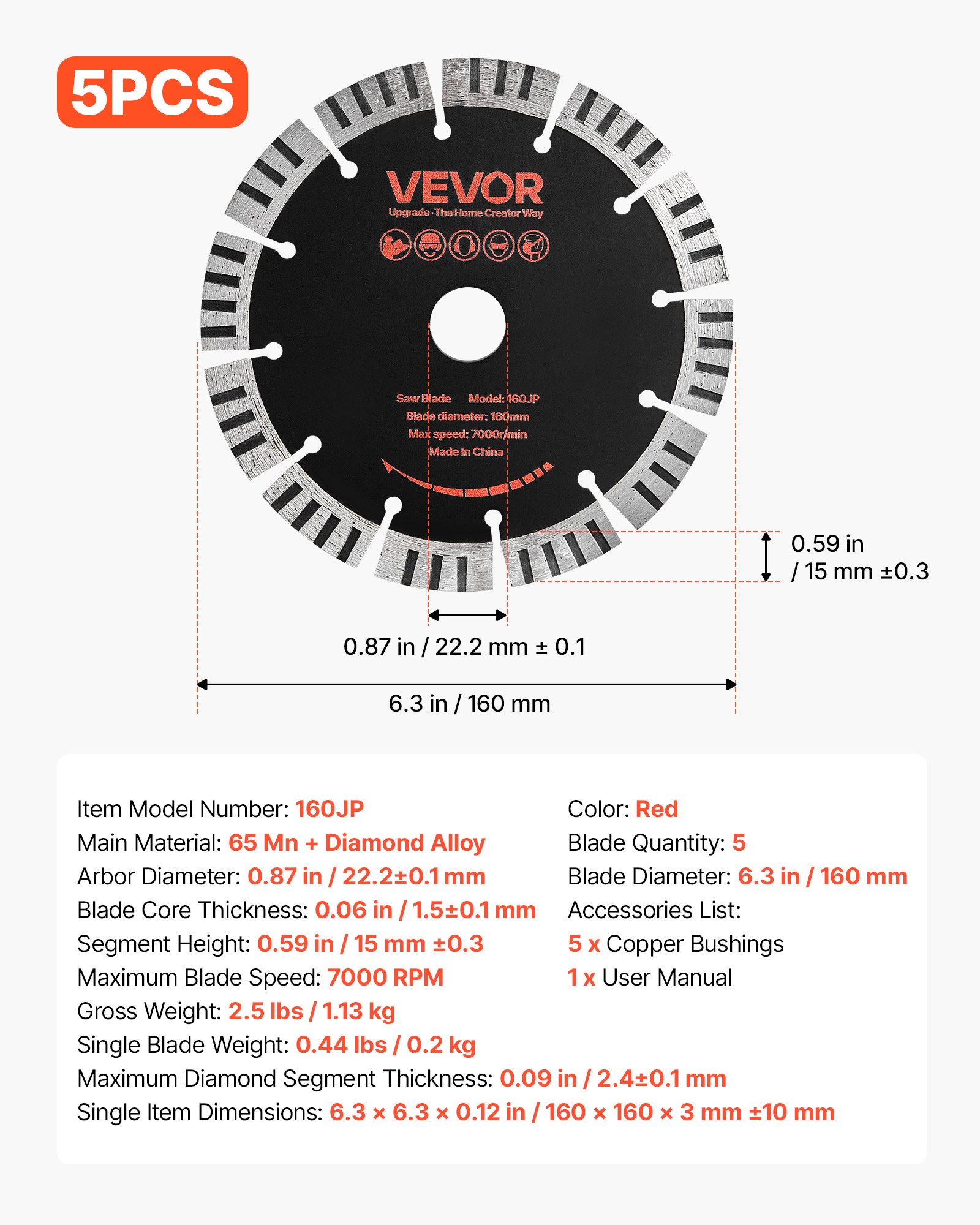 VEVOR Disco de Corte de Diamante 160 mm, Juego de 5 Piezas, Disco para Rozadora de Pared con Segmentos 2 mm, Eje 22,2 mm para Ladrillo Cableado Mampostería Tuberías y Hormigón, Núcleo de acero 65Mn