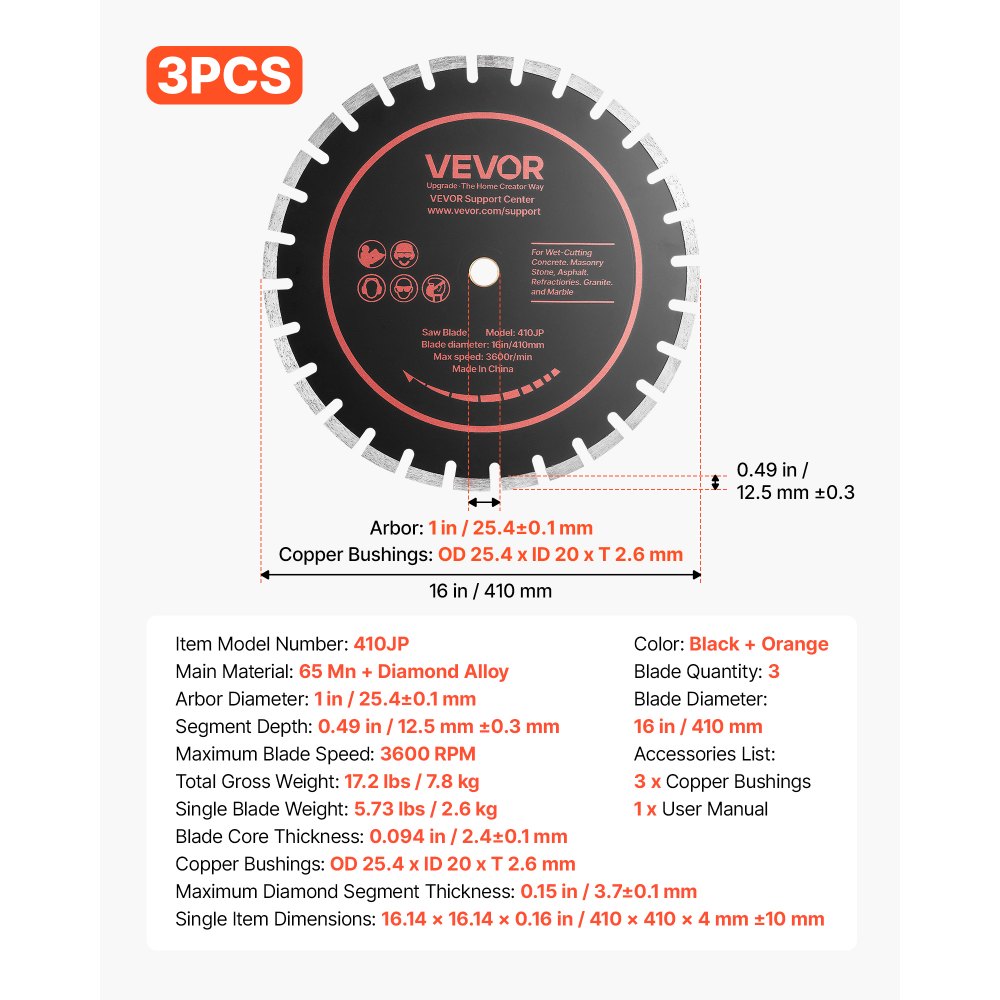 VEVOR Disco de Corte de Diamante 410 mm, Juego de 3 Piezas, Disco para Rozadora de Pared con Segmentos 2 mm, Eje 25,4 mm para Hormigón Cableado Mampostería Tuberías y Ladrillo, Núcleo de acero 65Mn