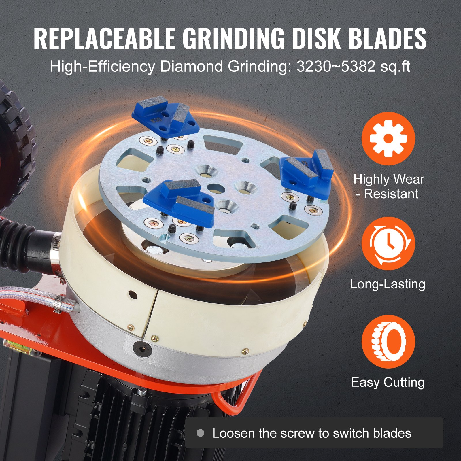 VEVOR Amoladora Eléctrica para Pisos de Concreto 2200W Reparadora de Concreto con Disco de Lijado para Pisos 250 mm 1430 RPM Motor sin Escobillas Amoladora de Superficies para Granito, Mármol, Piedras