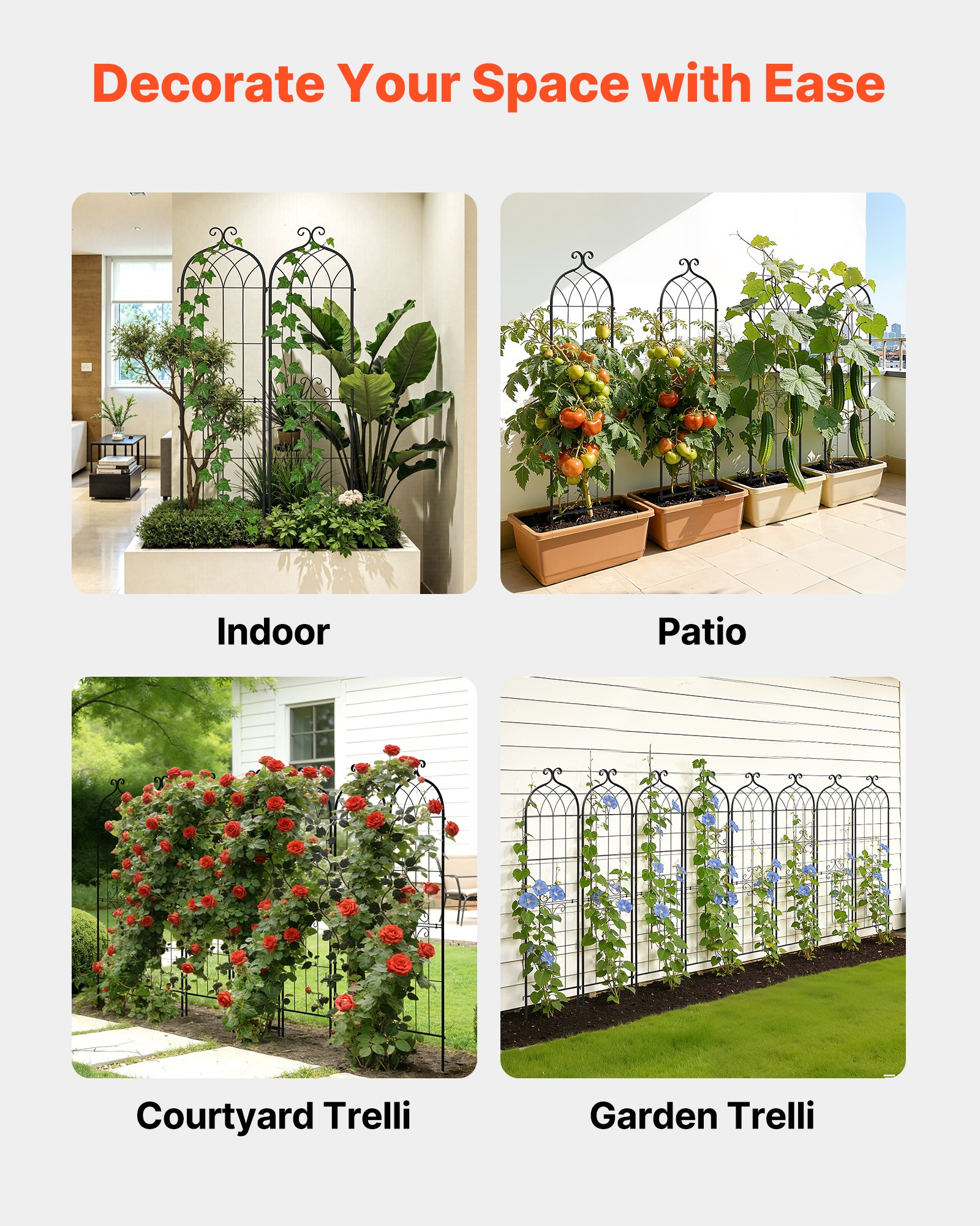 VEVOR Enrejado Metálico para Jardín, 152 x 40,5 cm, Celosías de Jardín, Conjunto de 4 Piezas, Soporte para Plantas Trepadoras, con Estacas, Acero al Carbono, Decoración, para Verduras Flores, Negro