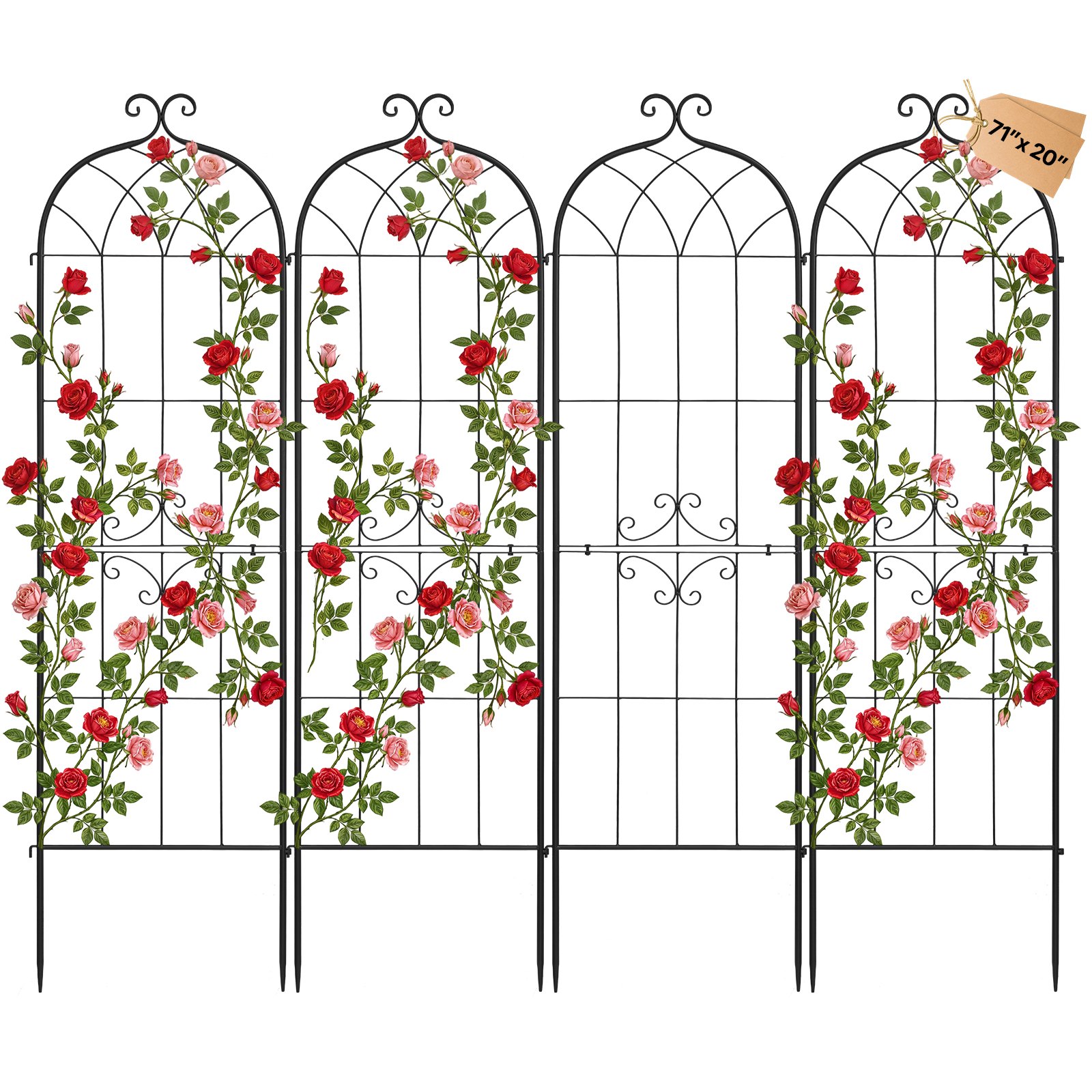 VEVOR Enrejado Metálico para Jardín, 180 x 52,5 cm, Celosías de Jardín, Set de 4 Piezas, Soporte para Plantas Trepadoras, con Estacas, Decoración, Acero al Carbono, para Verduras Flores, Color Negro