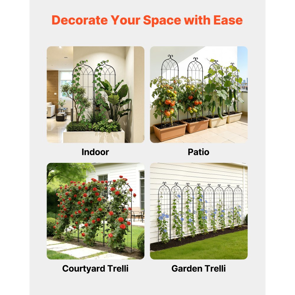 VEVOR Enrejado Metálico para Jardín, 180 x 52,5 cm, Celosías de Jardín, Conjunto de 8 Piezas, Soporte para Enredaderas con Estacas, Decoración de Diseño Elegante, para Plantas Trepadoras Flores, Negro