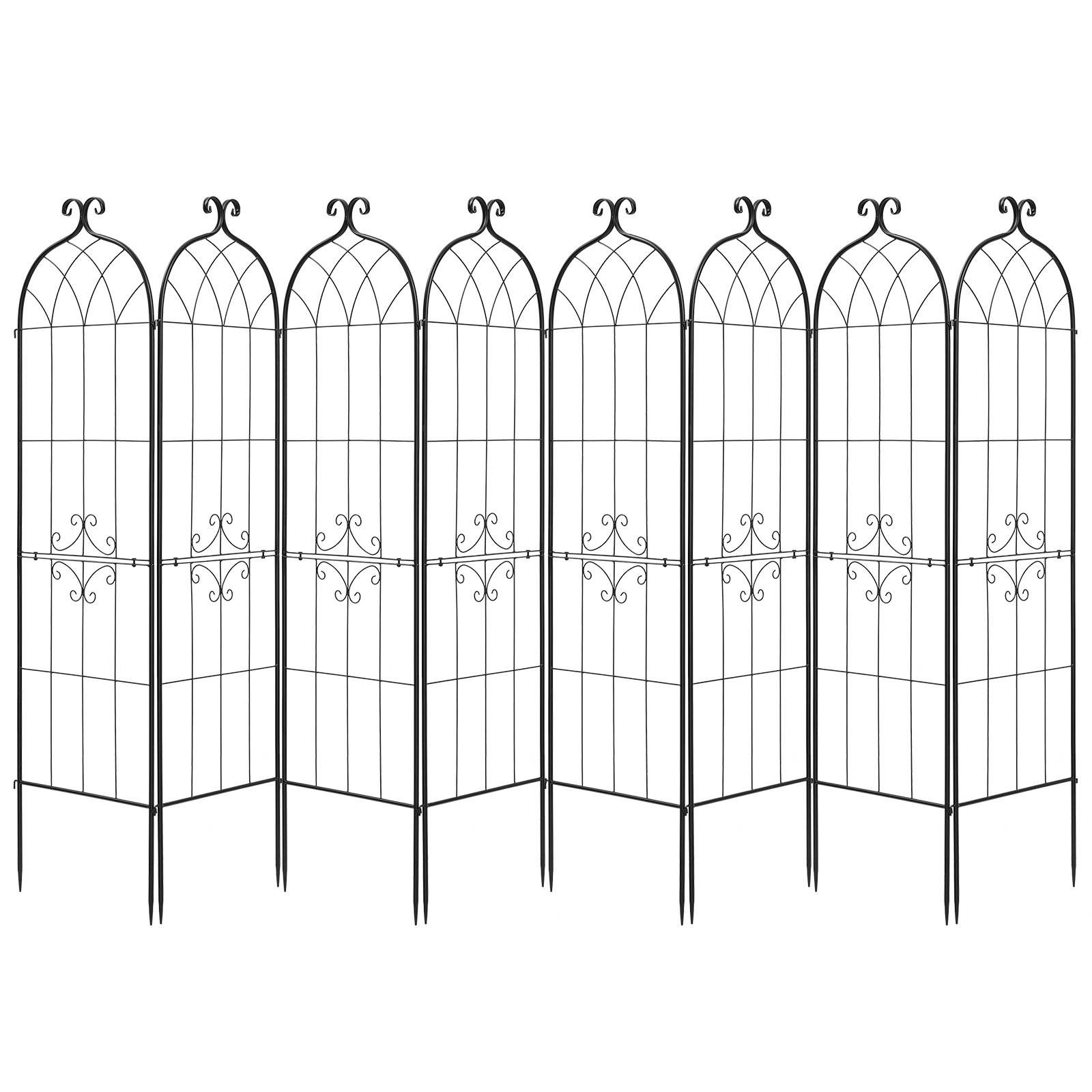 VEVOR Enrejado Metálico para Jardín, 180 x 52,5 cm, Celosías de Jardín, Conjunto de 8 Piezas, Soporte para Enredaderas con Estacas, Decoración de Diseño Elegante, para Plantas Trepadoras Flores, Negro