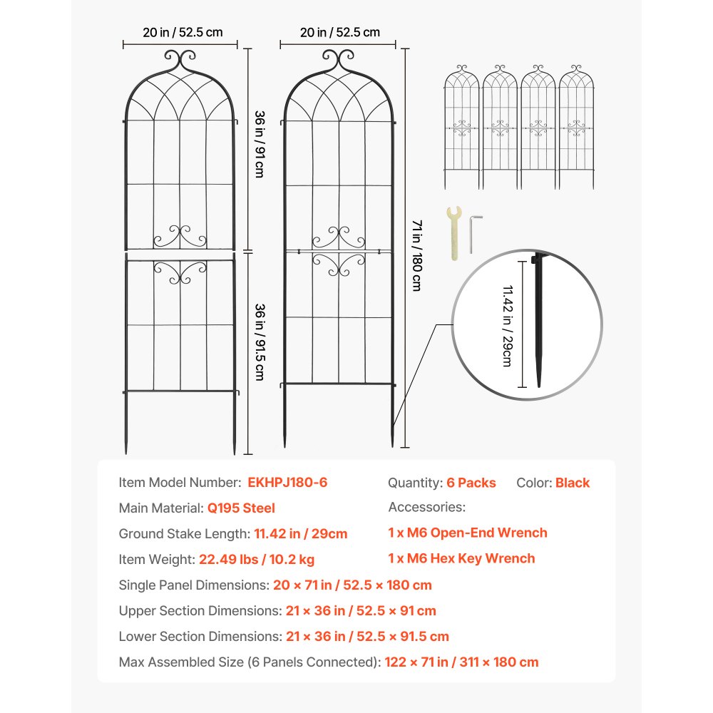 VEVOR Enrejado Metálico para Jardín, 180 x 52,5 cm, Celosías de Jardín, Conjunto de 6 Piezas, Soporte para Plantas Trepadoras, con Estacas, Decoración de Diseño Elegante, para Verduras Flores, Negro