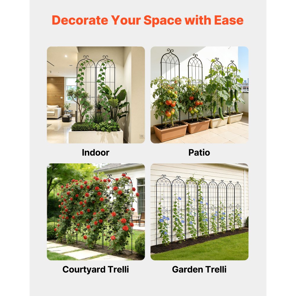 VEVOR Enrejado Metálico para Jardín, 220 x 52,5 cm, Celosías de Jardín, Set de 4 Piezas, Soporte para Plantas Trepadoras, con Estacas, Diseño Elegante, Acero al Carbono, para Verduras Flores, Negro