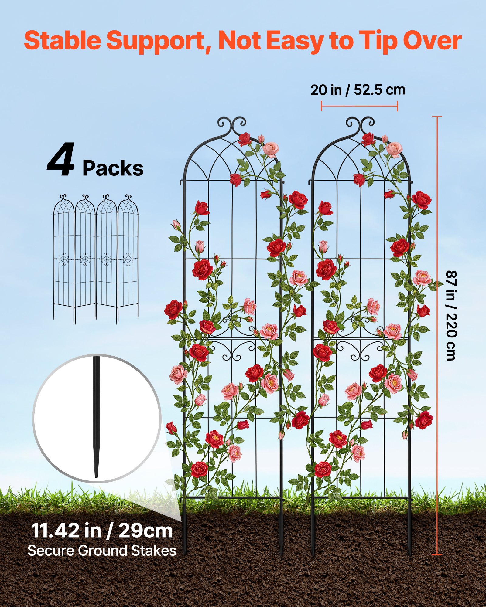 VEVOR Enrejado Metálico para Jardín, 220 x 52,5 cm, Celosías de Jardín, Set de 4 Piezas, Soporte para Plantas Trepadoras, con Estacas, Diseño Elegante, Acero al Carbono, para Verduras Flores, Negro