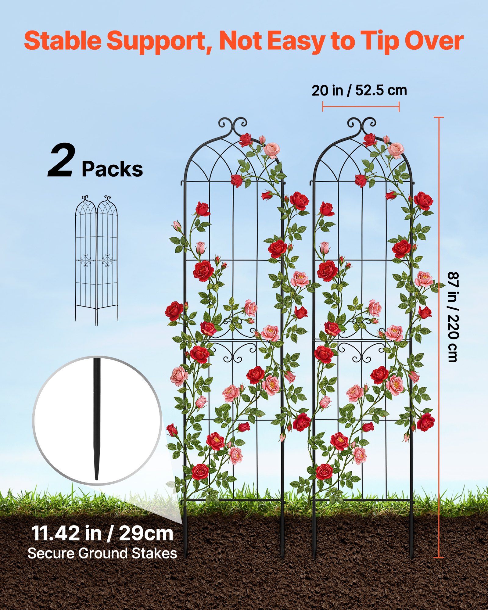 VEVOR Enrejado Metálico para Jardín, 220 x 52,5 cm, Celosías de Jardín, Paquete de 2 Piezas, Soporte para Plantas Trepadoras con Estacas, Decoración, Acero al Carbono, para Enredaderas Flores, Negro