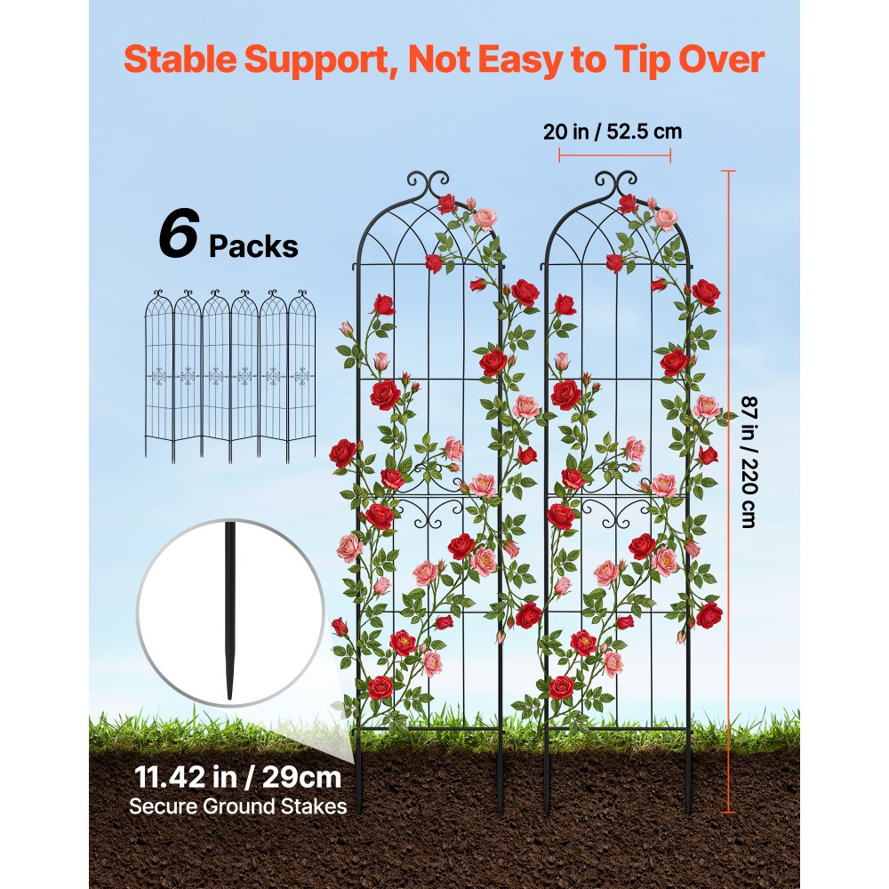 VEVOR Enrejado Metálico para Jardín, 220 x 52,5 cm, Celosías de Jardín, Conjunto de 6 Piezas, Soporte para Plantas Trepadoras con Estacas, Decoración de Diseño Elegante, para Enredaderas Flores, Negro