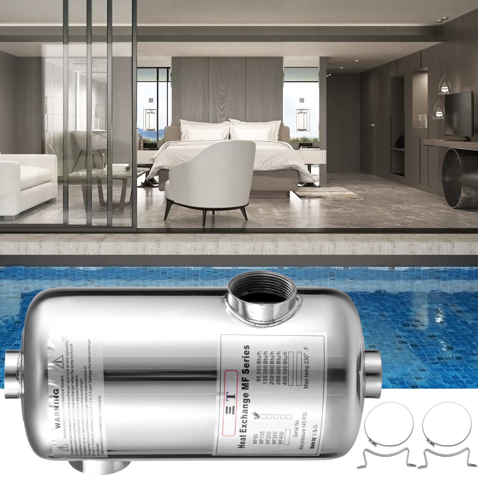 Intercambiador De Calor De Piscina 95 Kbtu/h Acero Inoxidable