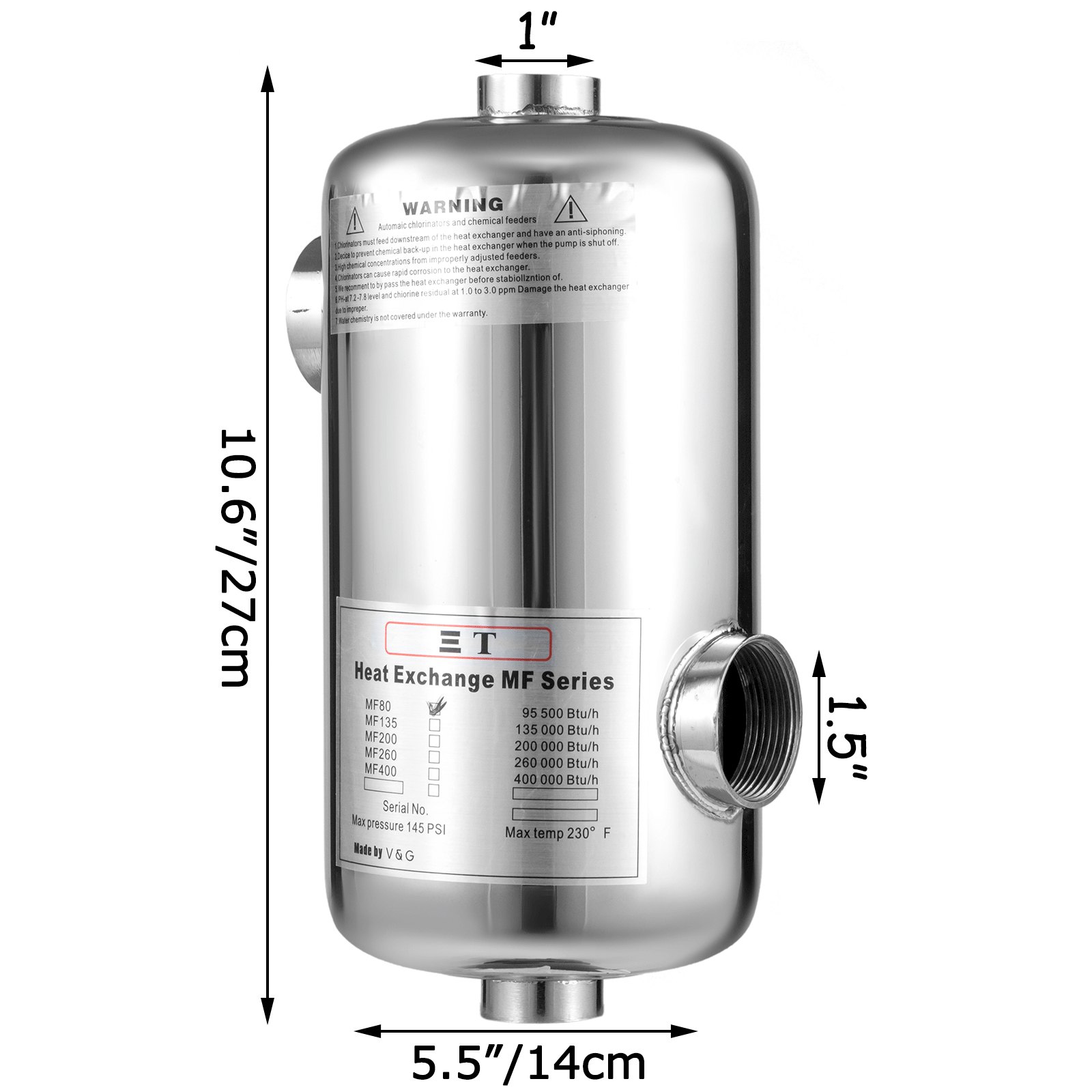 Intercambiador De Calor De Piscina 95 Kbtu/h Acero Inoxidable