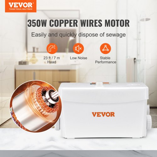 VEVOR Bomba de Eliminación de Triturador 350 W Bomba de Aguas Residuales Caudal Máximo de 3600 L/h Elevación de 7 m Bomba Trituradora de Alcantarillado con 3 Entradas de Agua para Inodoro Cocina Ducha
