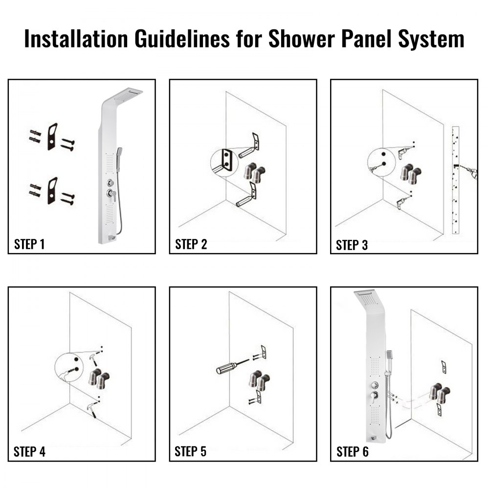 Diagrama de pasos de instalación del panel de ducha VEVOR para montaje en pared.