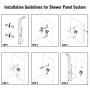 Diagrama de pasos de instalación del panel de ducha VEVOR para montaje en pared.
